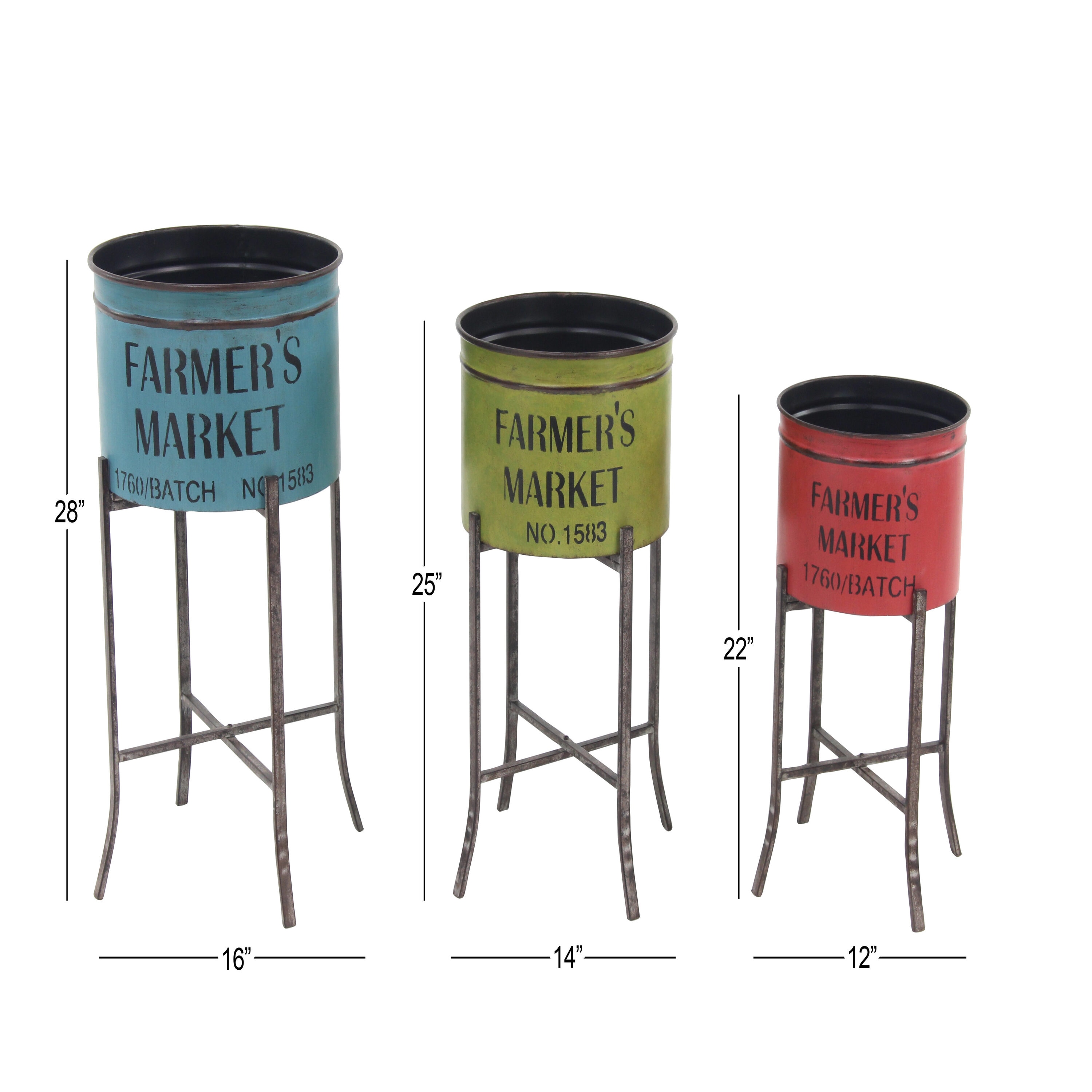 Farmhouse Multi Colored Iron Planters with Stands, Set of 3
