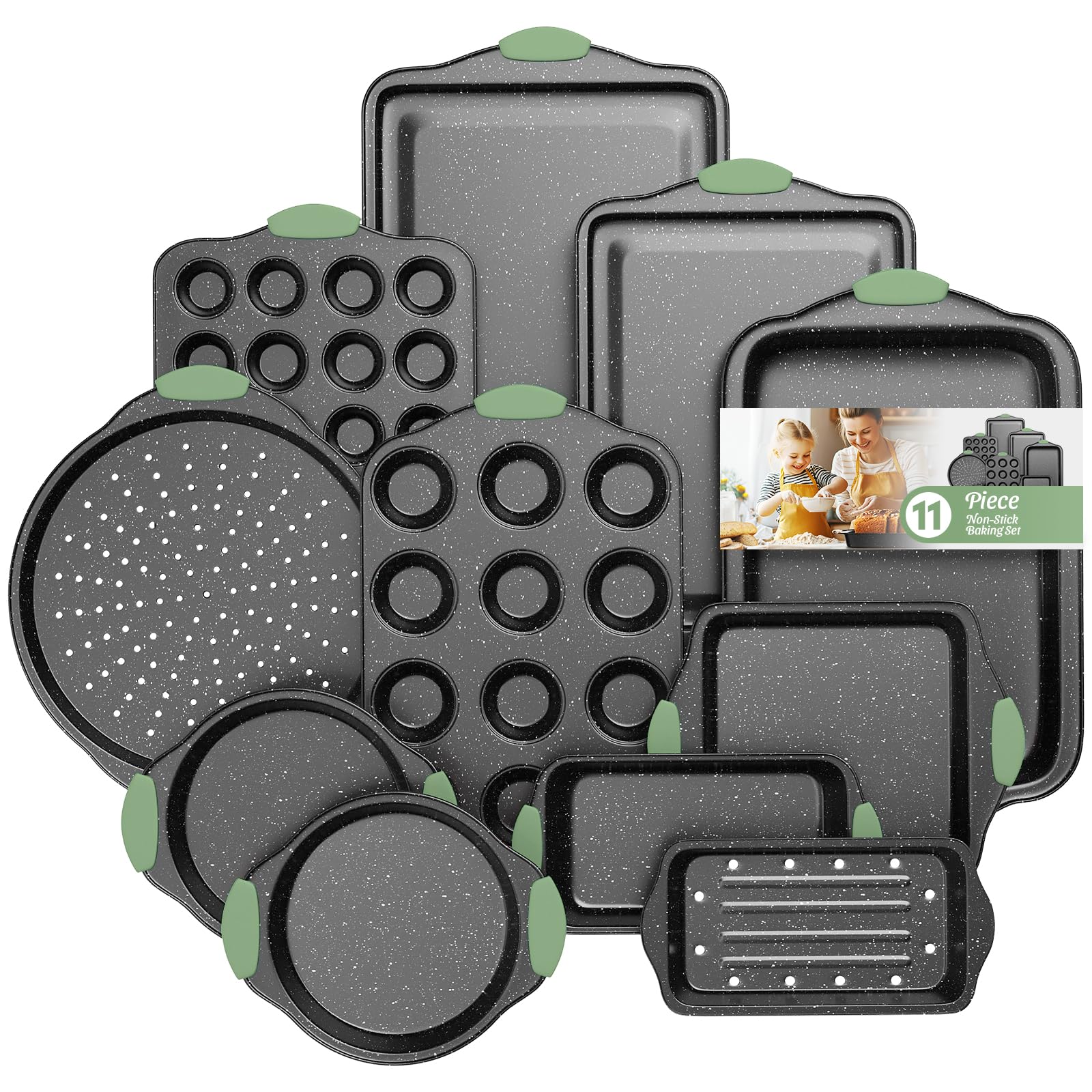 DHMHD  11 Piece Nonstick Bakeware Set Stackable Oven Safe Kitchen Baking Pans with Silicone Handles Includes Cookie Sheet Cake Pan Muffin Tin