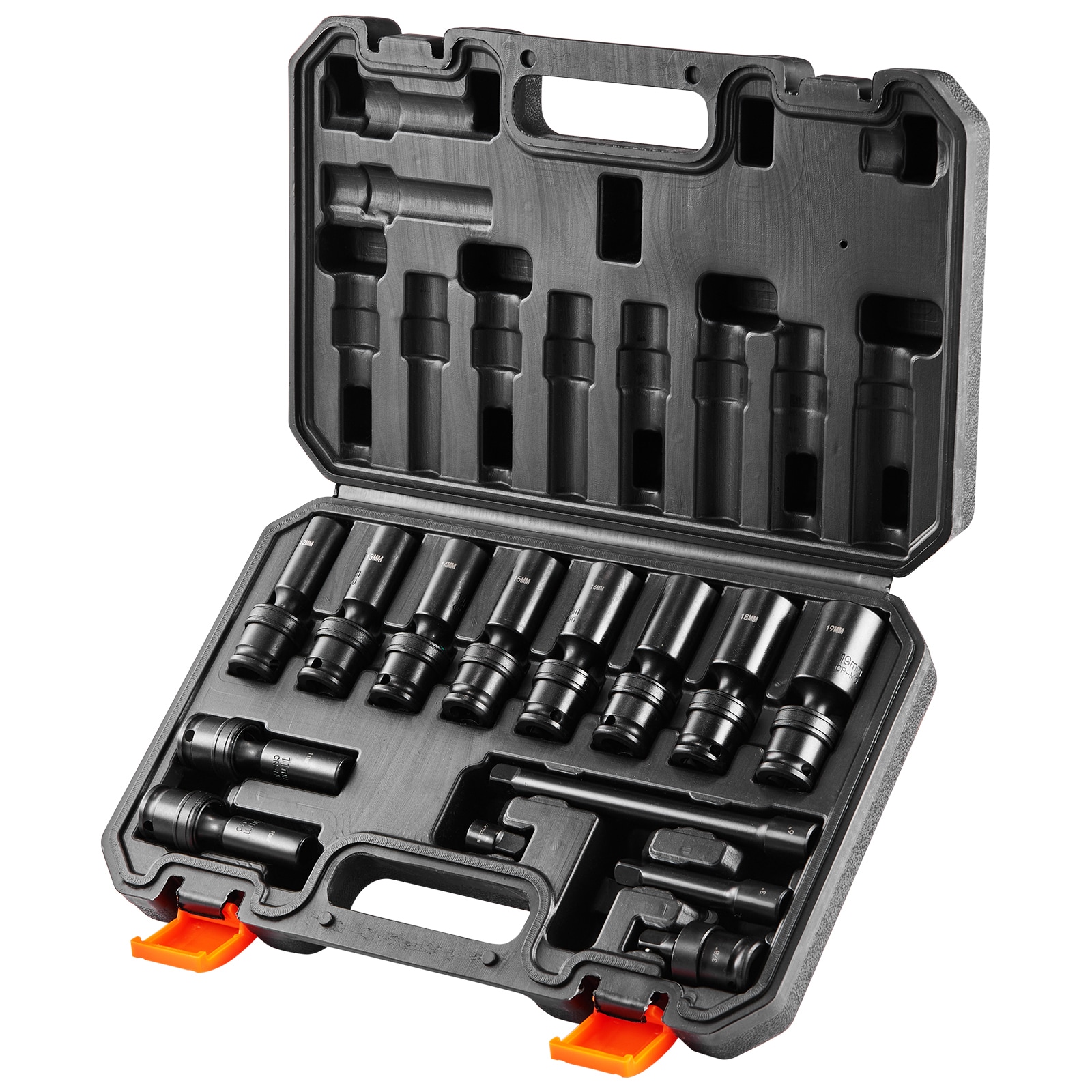 VEVOR 360 Degree Swivel Impact Socket Set 3/8-IN Socket Set 14PCS Deep Universal Metric 10-19mm 6 Point Cr-Mo Alloy Steel for Auto Repair Easy-to-Read Size Markings Rugged Construction Storage Case #SCCJTTZJ1CRM06165V0