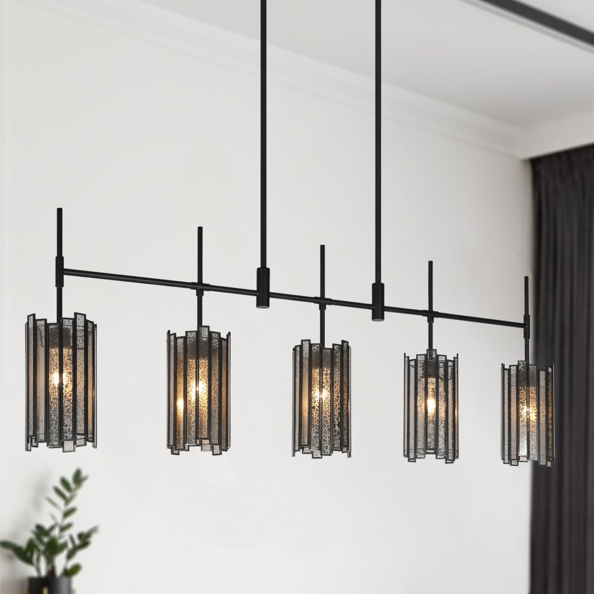 LNC LVZAM6N88H5C8C Hemaaolay 5 -Light Matte Black and Tiffany Glass Modern/contemporary Art glass Cylinder Large Hanging Kitchen island light