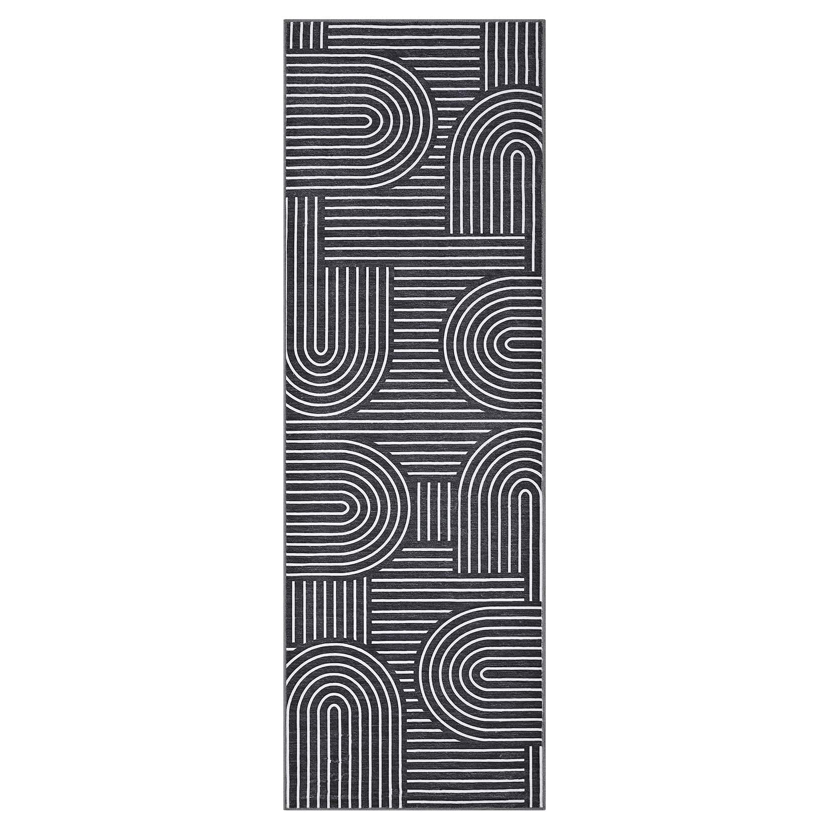 Qeetex LSN-PHK-336814LT 2.5 x 8 ft(actual size) Polyester Cashmere Black Rectangular Hallway Bathroom Entryway Kitchen Office Foldable Geometric Modern Washable Area Rug