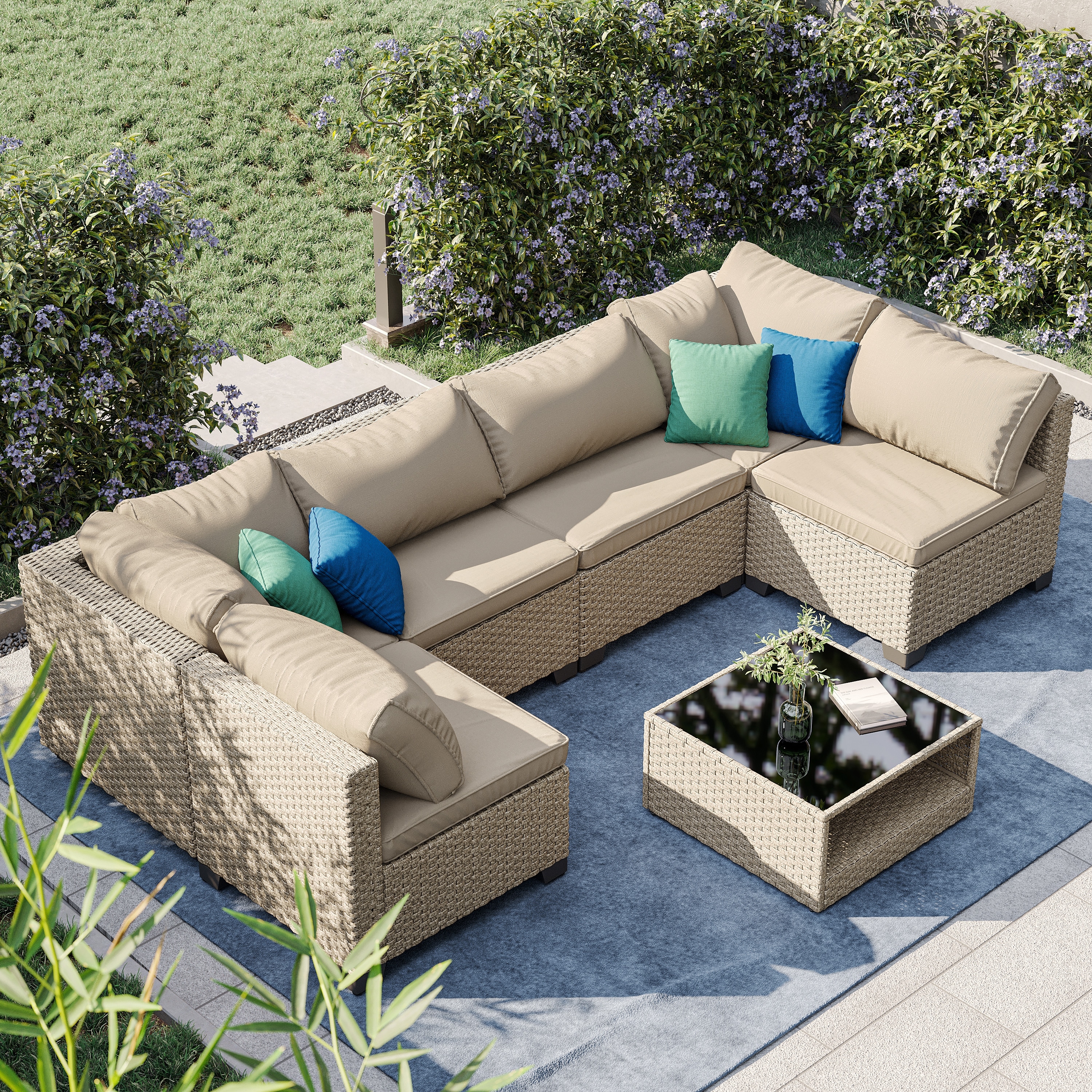 Tatayosi - 7-Piece Patio Furniture Set; All-Weather Outdoor Conversation Set Sectional Sofa with ...