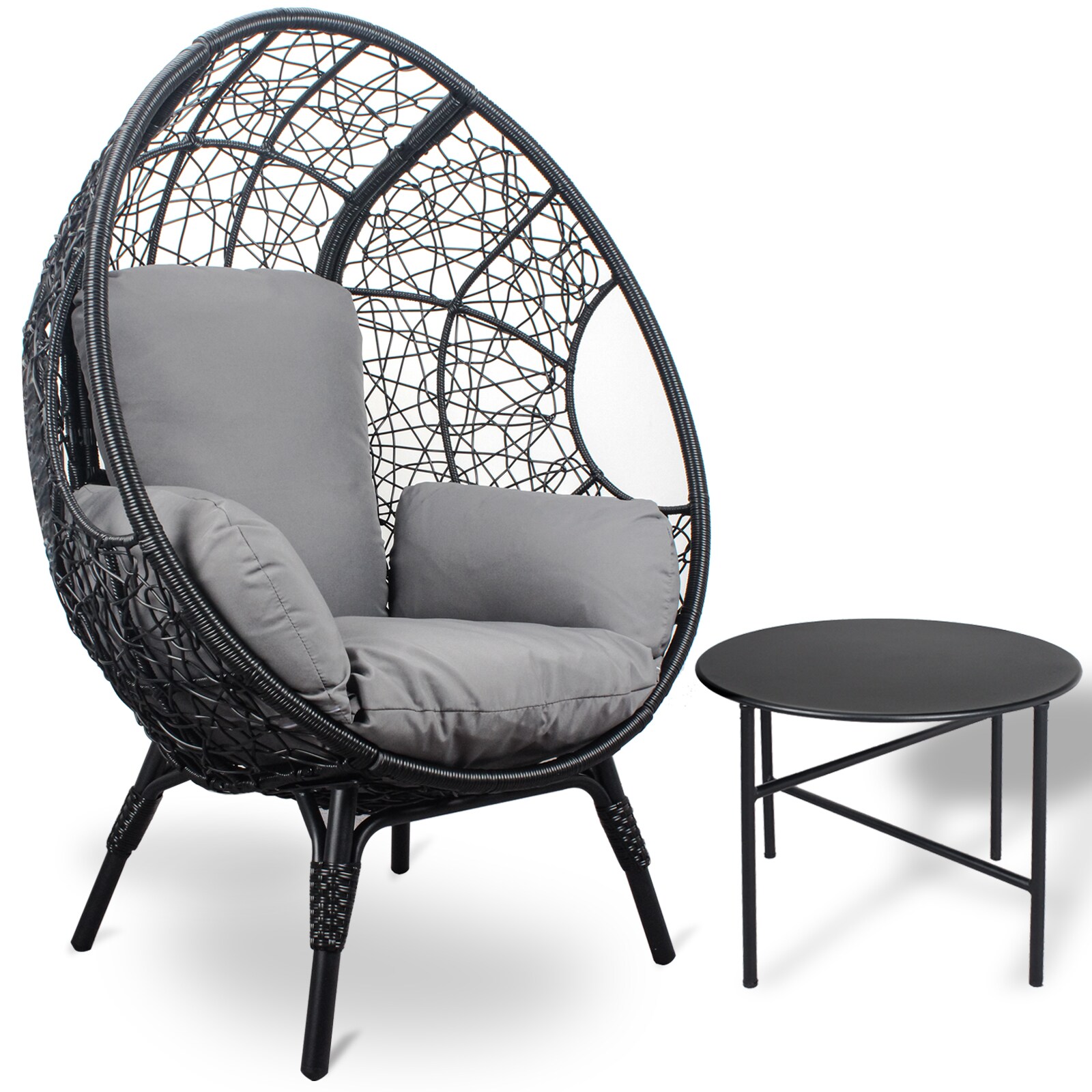 Clihome CL-IOF20447 Wicker Black Steel Frame Stationary Egg Chair with Gray Cushioned Seat