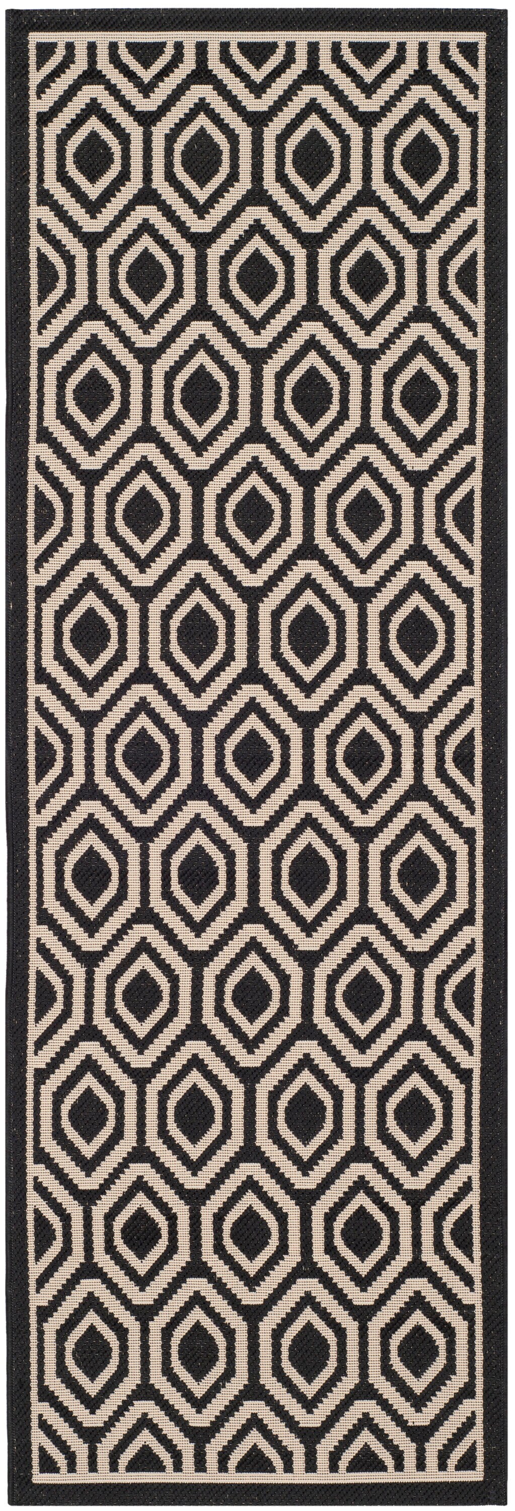 Black and Beige Geometric Indoor/Outdoor Runner Rug
