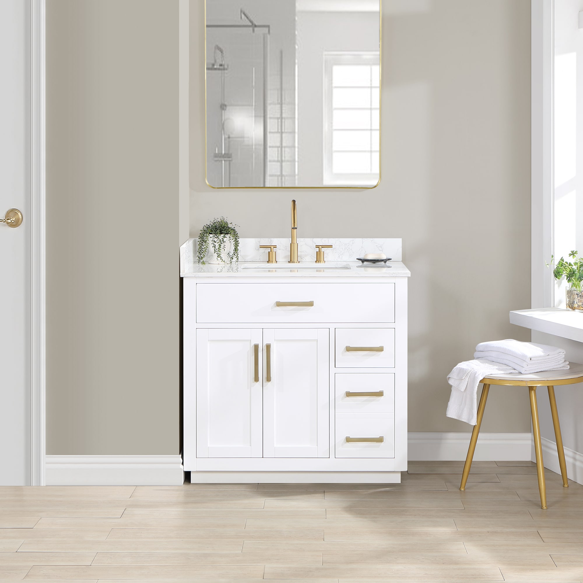 Altair 557036-WH-GW-NM Gavino 36-in White Finish Undermount Single Sink Bathroom Vanity with Grain White Engineered Stone Top