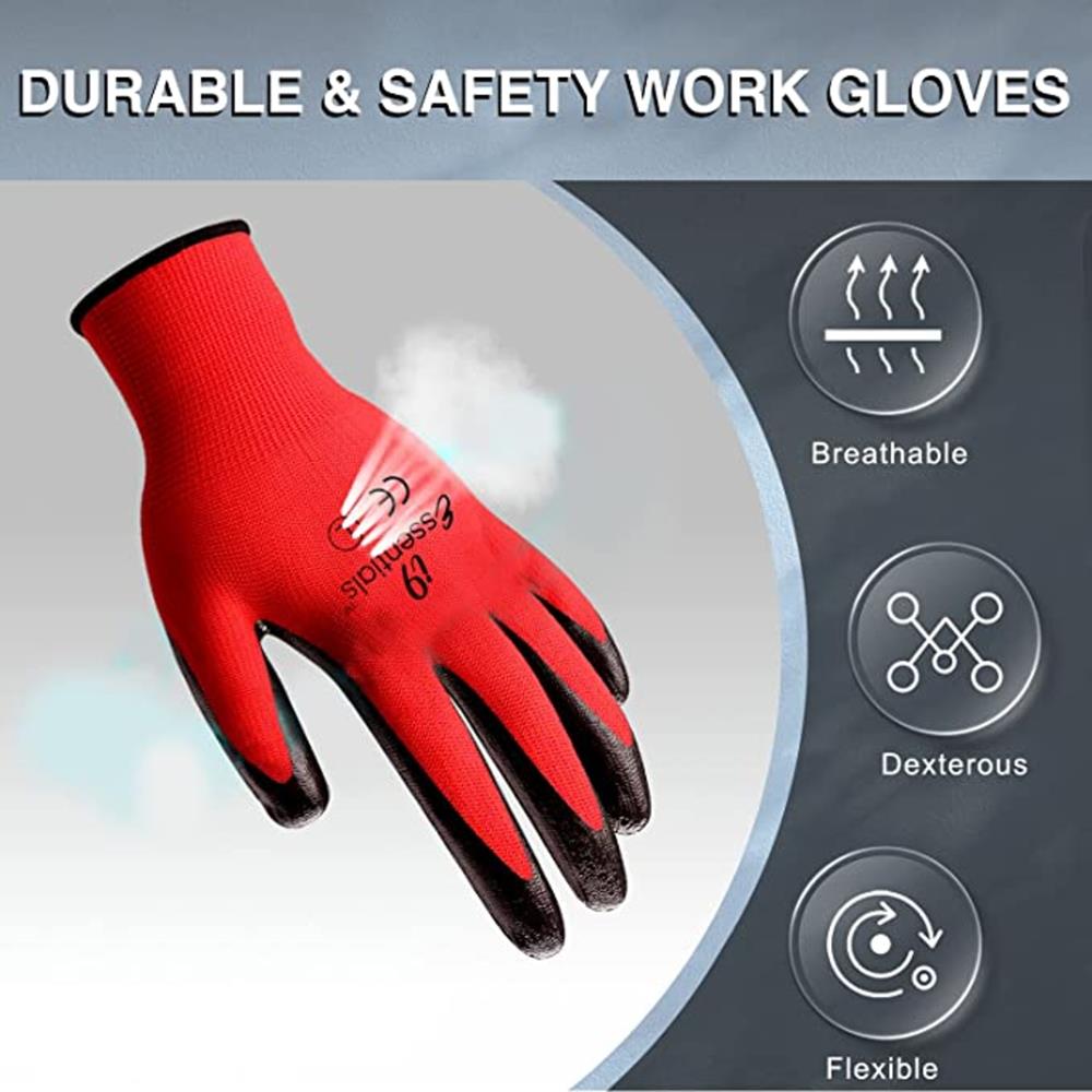 i9 Essentials Multi-Purpose Work Gloves Large (12 Pairs) - Micro-Foam Nitrile-Coated Safety Gloves for Men - Seamless Lightweight Safety Gloves for