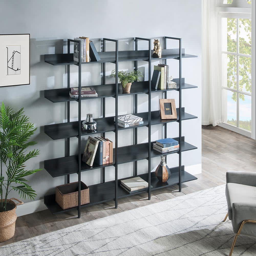 JUJABU ZJBOOKCASE-4 Black 5 Tier Bookcase Home Office Open Bookshelf Vintage Industrial Style Shelf with Metal Frame
