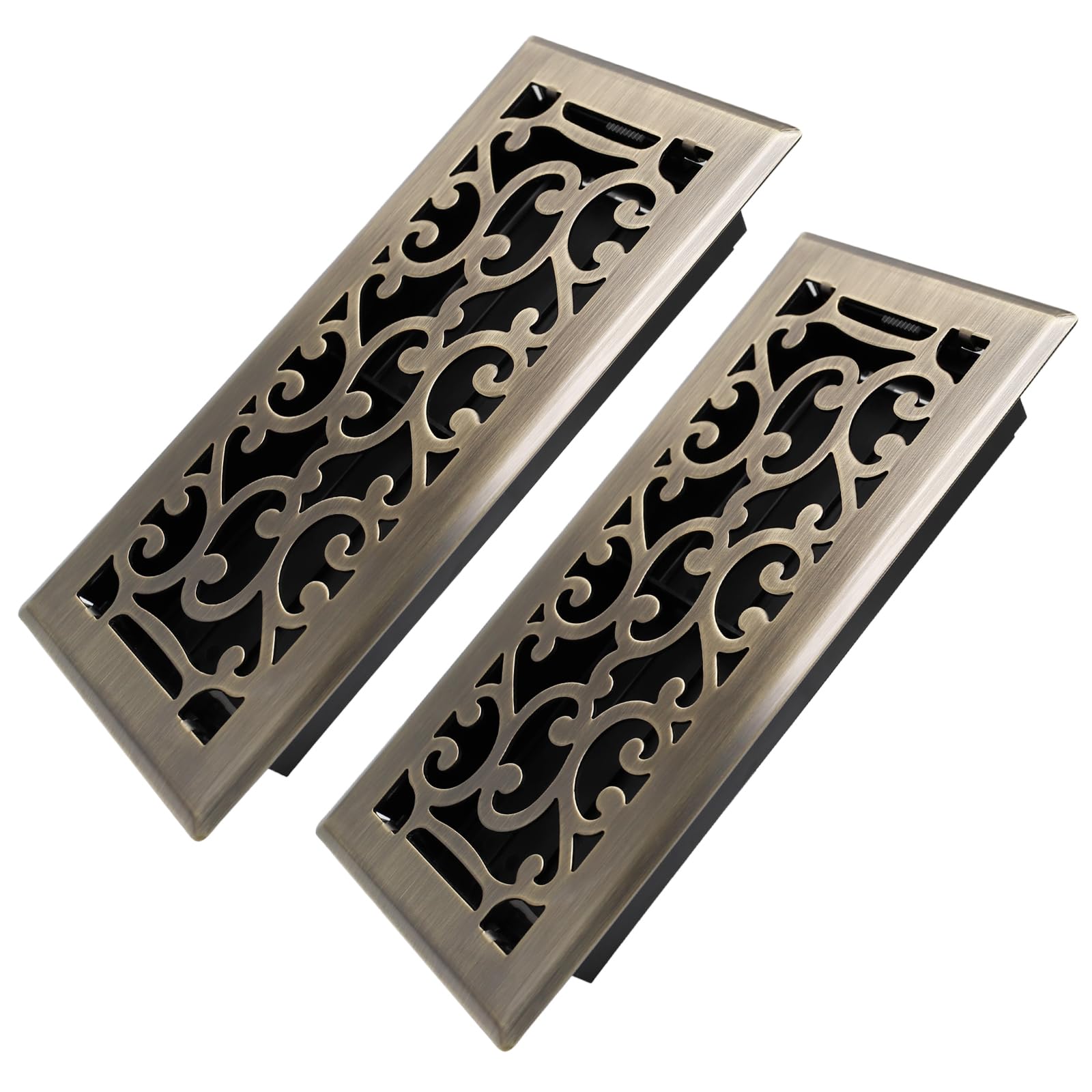 Lukvuzo  4 by 10 Inches Heavy Duty Walkable Floor Register with Adjustable Air Supply Lever Savannah Design Antique Brass Finish