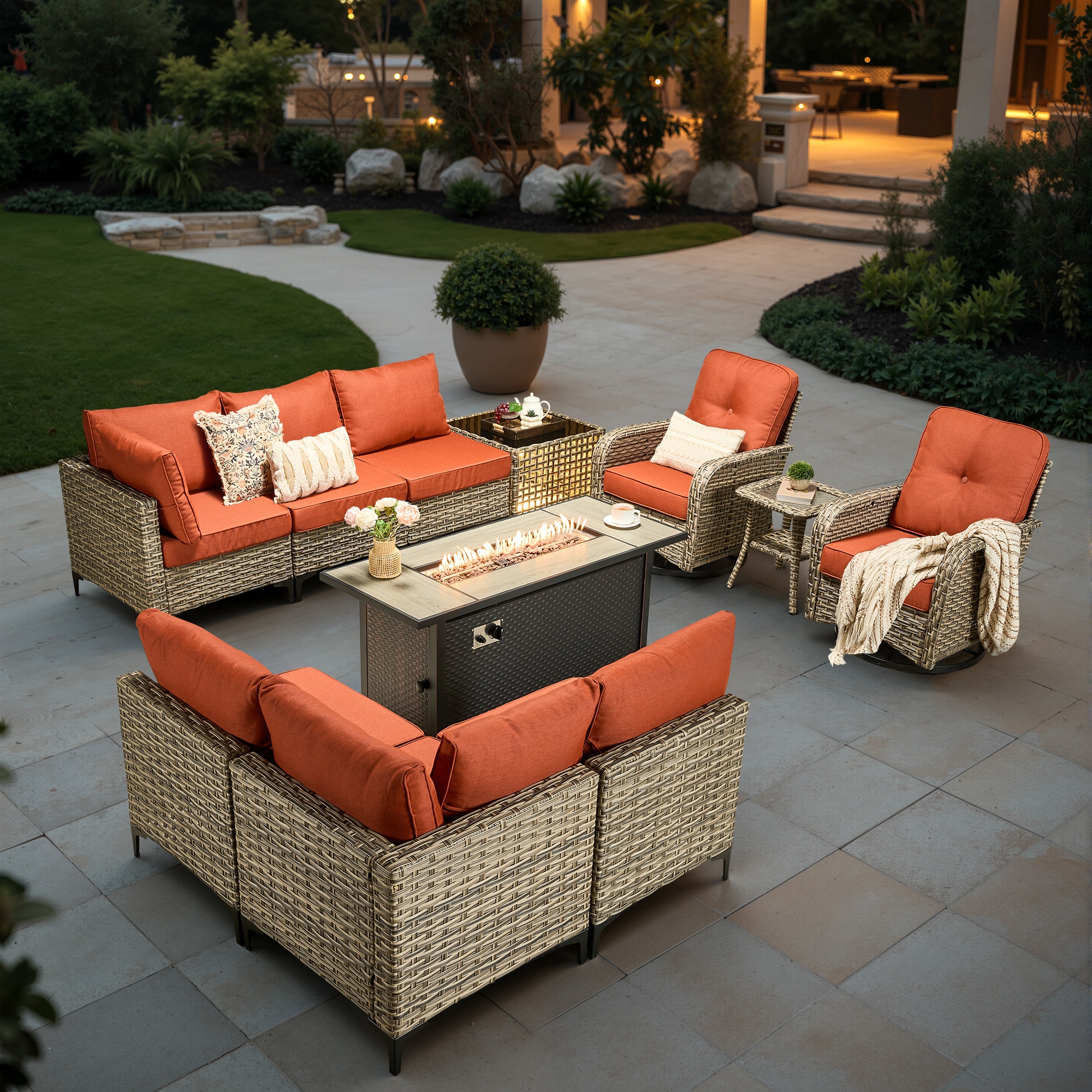 weaxty CFP85DSCRRSYZVNC811 Lotus Wicker Outdoor Sectional with Orange Cushions and Steel Frame