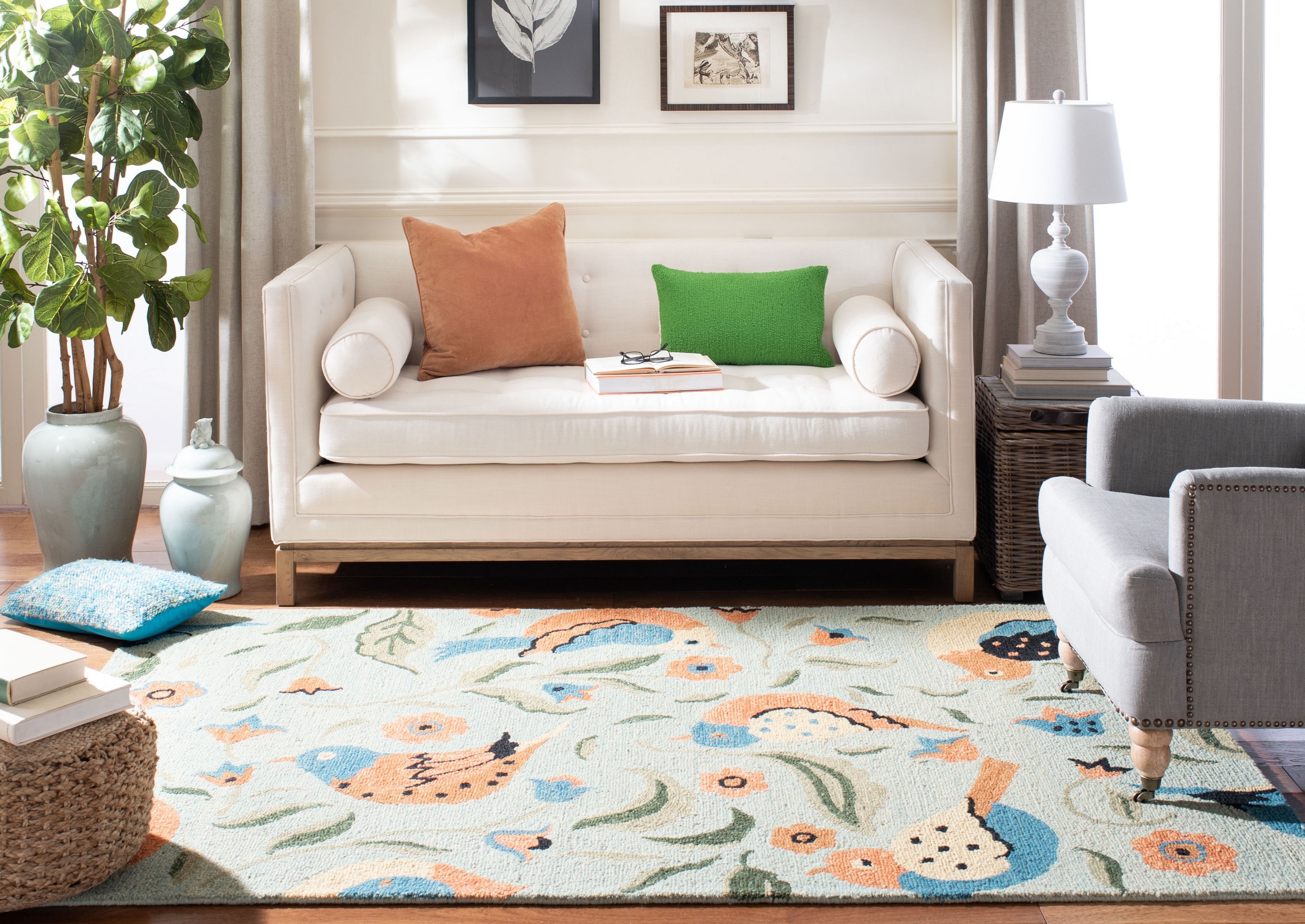 Handmade Blue Wool Floral Runner Rug 2'3" x 6'