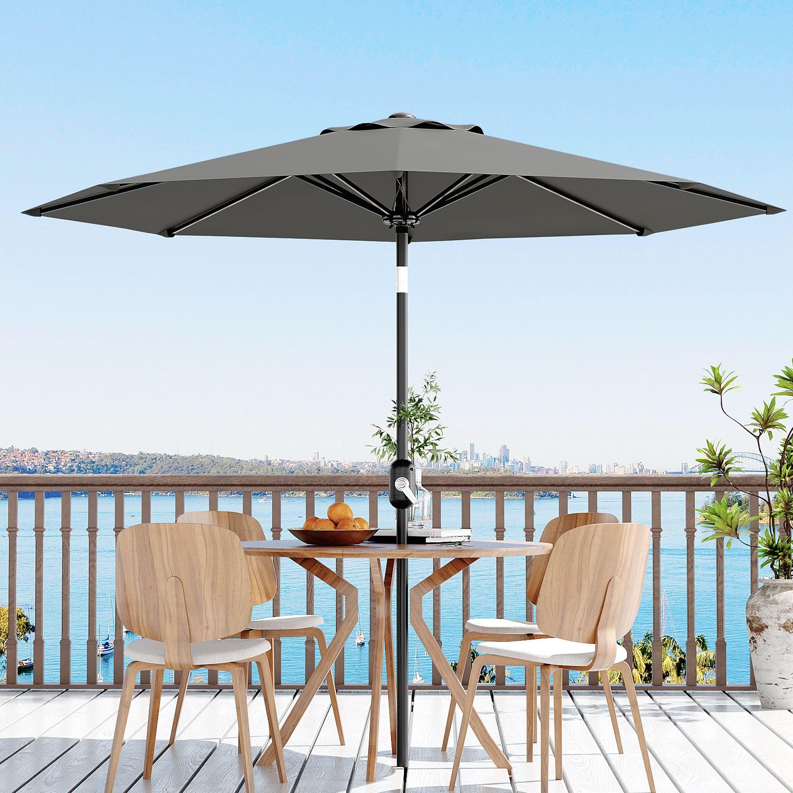 Qeetex SQY-PPG-333JB7J7 9Ft UV Resistant Patio Umbrella 8 Sturdy Ribs Table Umbrella with Easy Push Button Tilt Large Umbrella for Pool Yard and Garden Grey