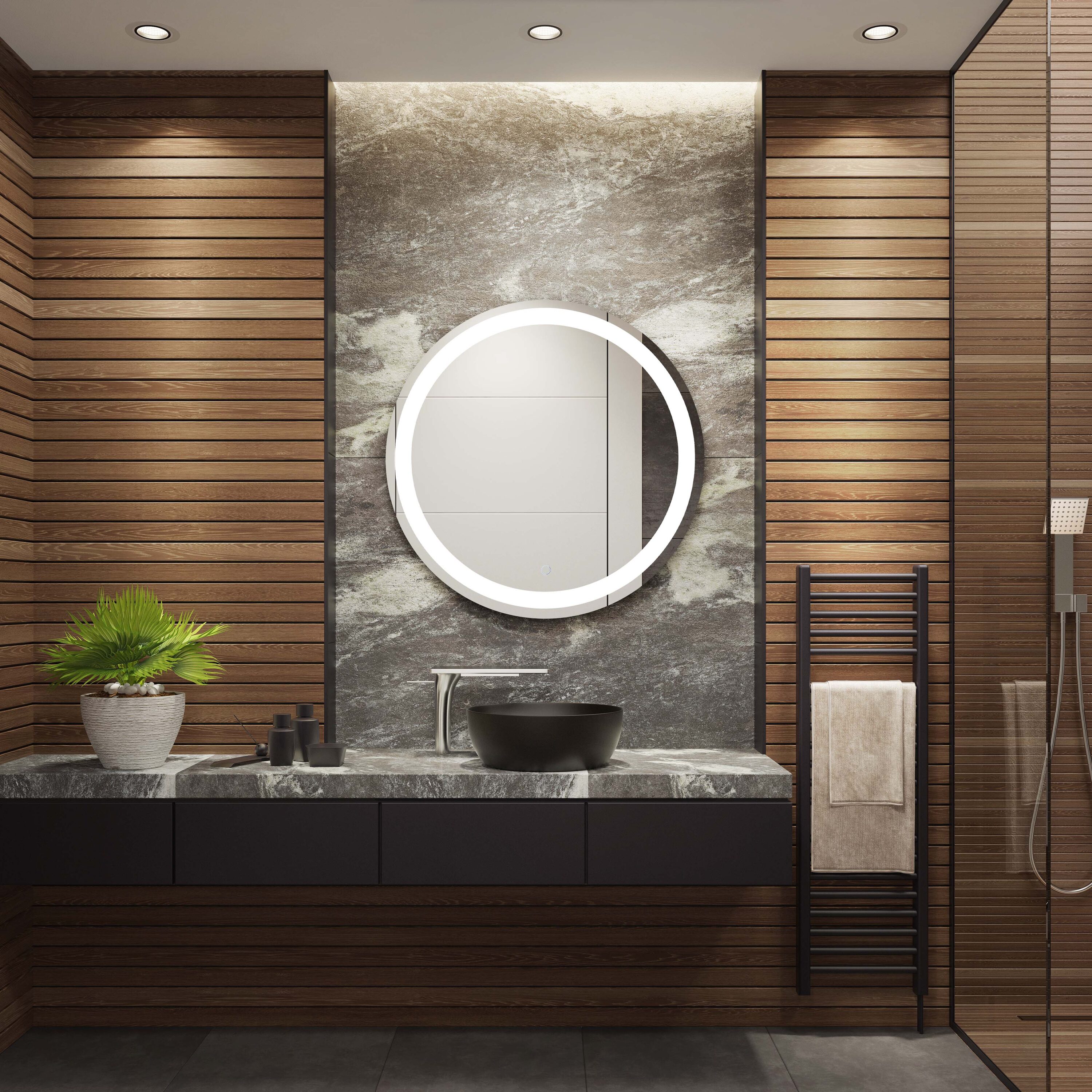 Safavieh LMR1001A Caspar 30 W x 30 H Round Silver/White Polished Frameless Lighted Wall Mirror