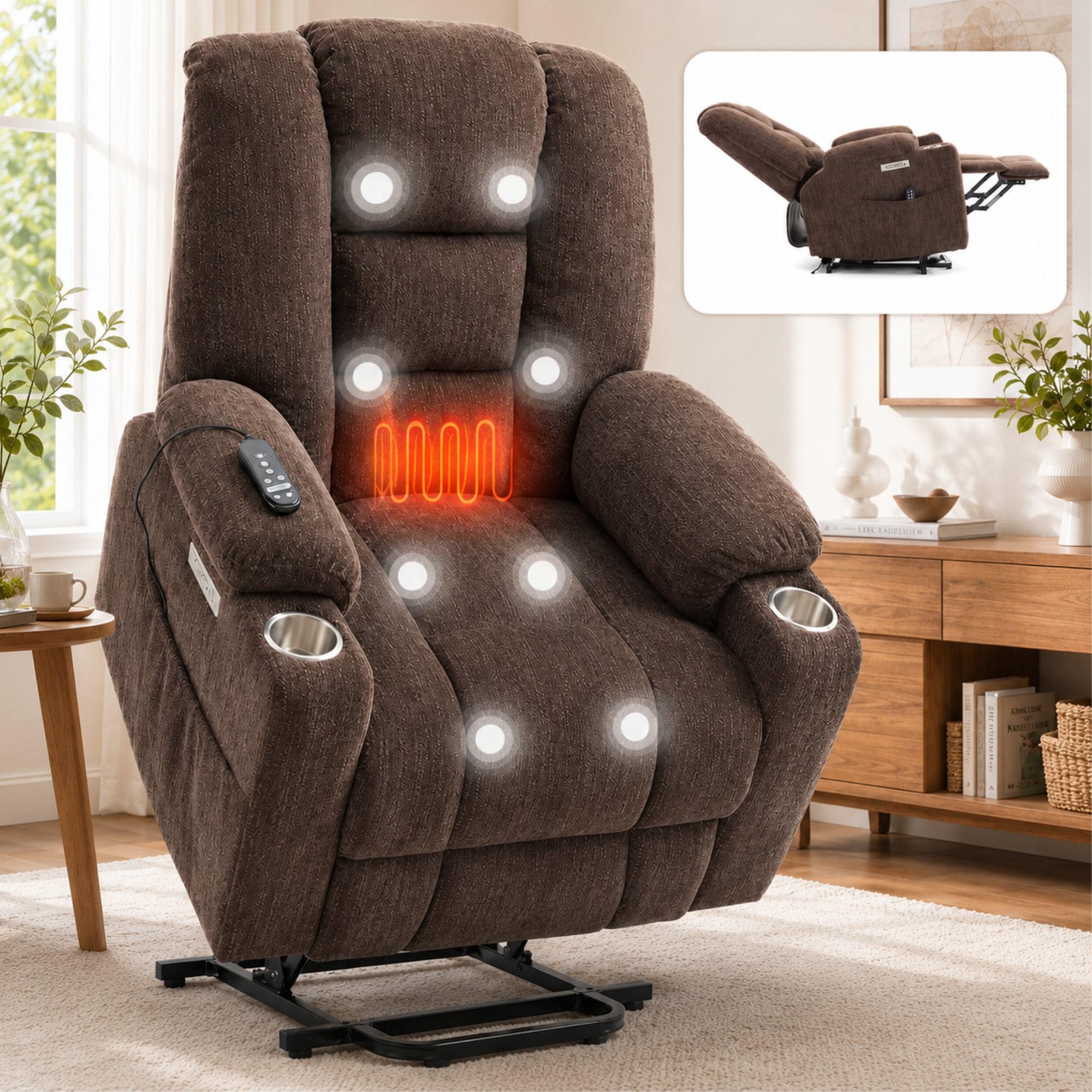 GZMR - Vibration Massage Heating Power Lift Recliner Chair Brown Chenille Upholstered Powered Rec...
