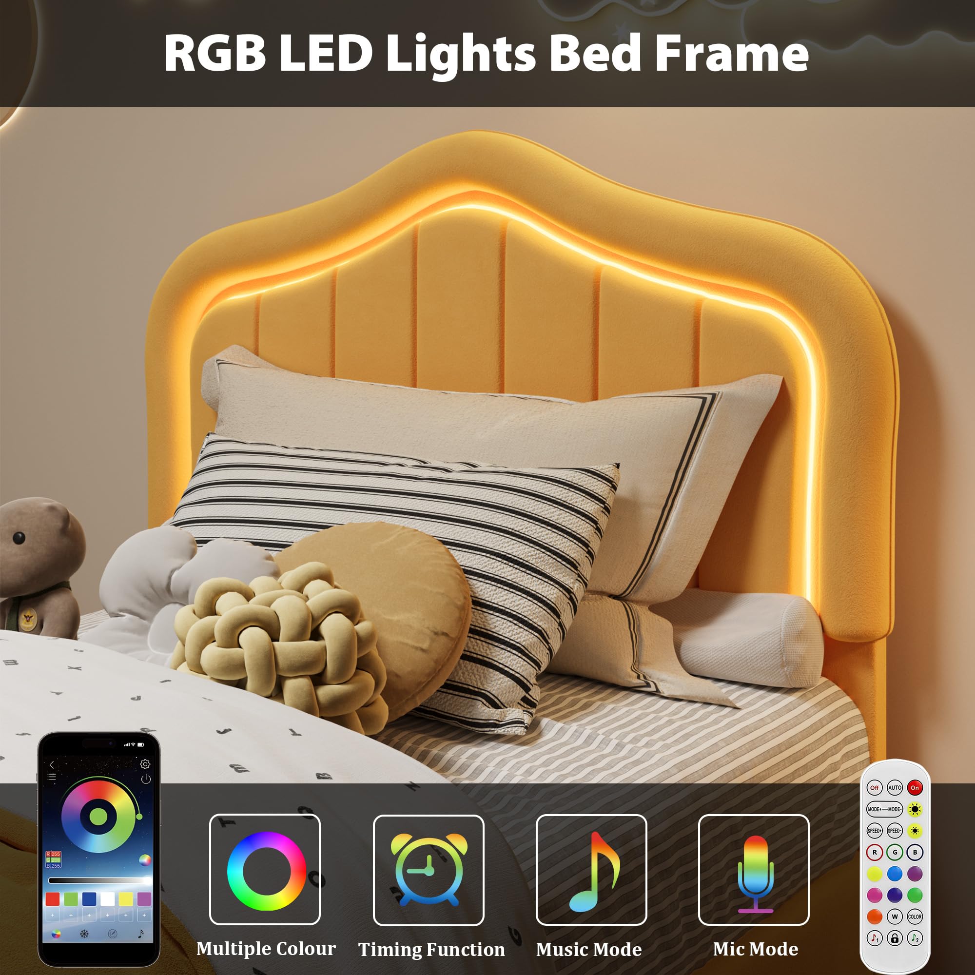 Assile Princess Style Upholstered Platform Bed Frame with LED Lights ...