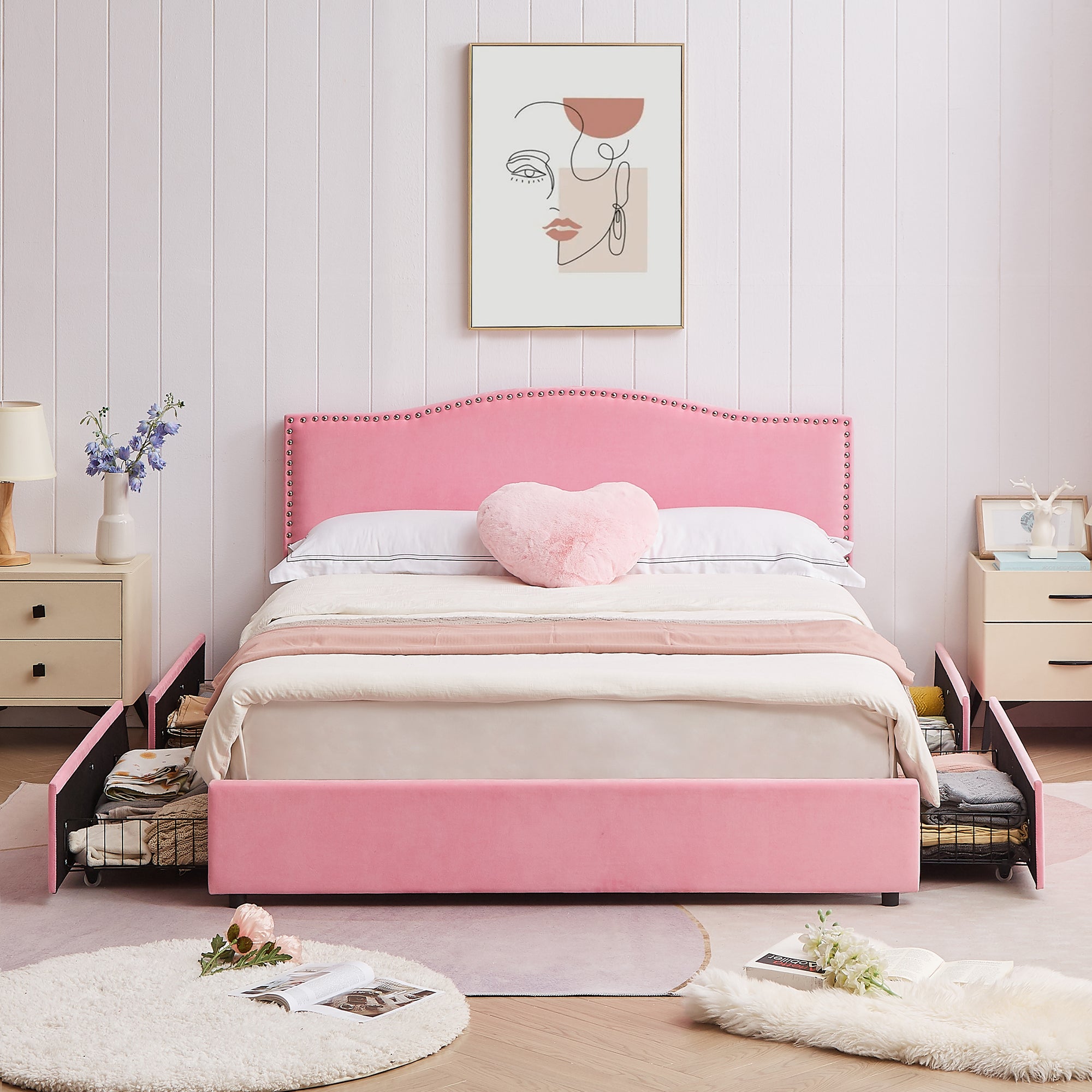 Vecelo LOE-CY-FB03-UP-PNK Full Size Upholstered Bed Frame with Adjustable Headboard and 4 Drawers Pink