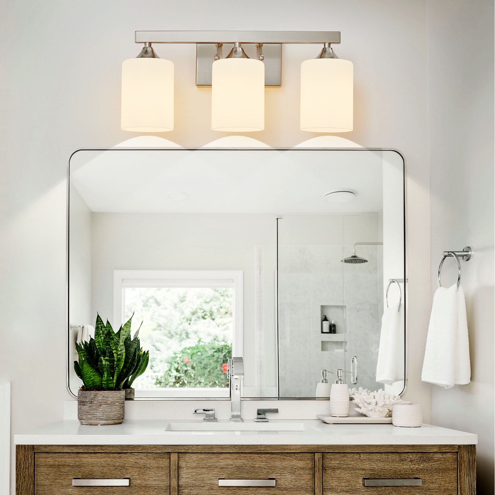 HyperDrop Cart Brushed Nickel 3 Light Iron Bathroom Vanity Light with Milk White Cylinder Glass Shade