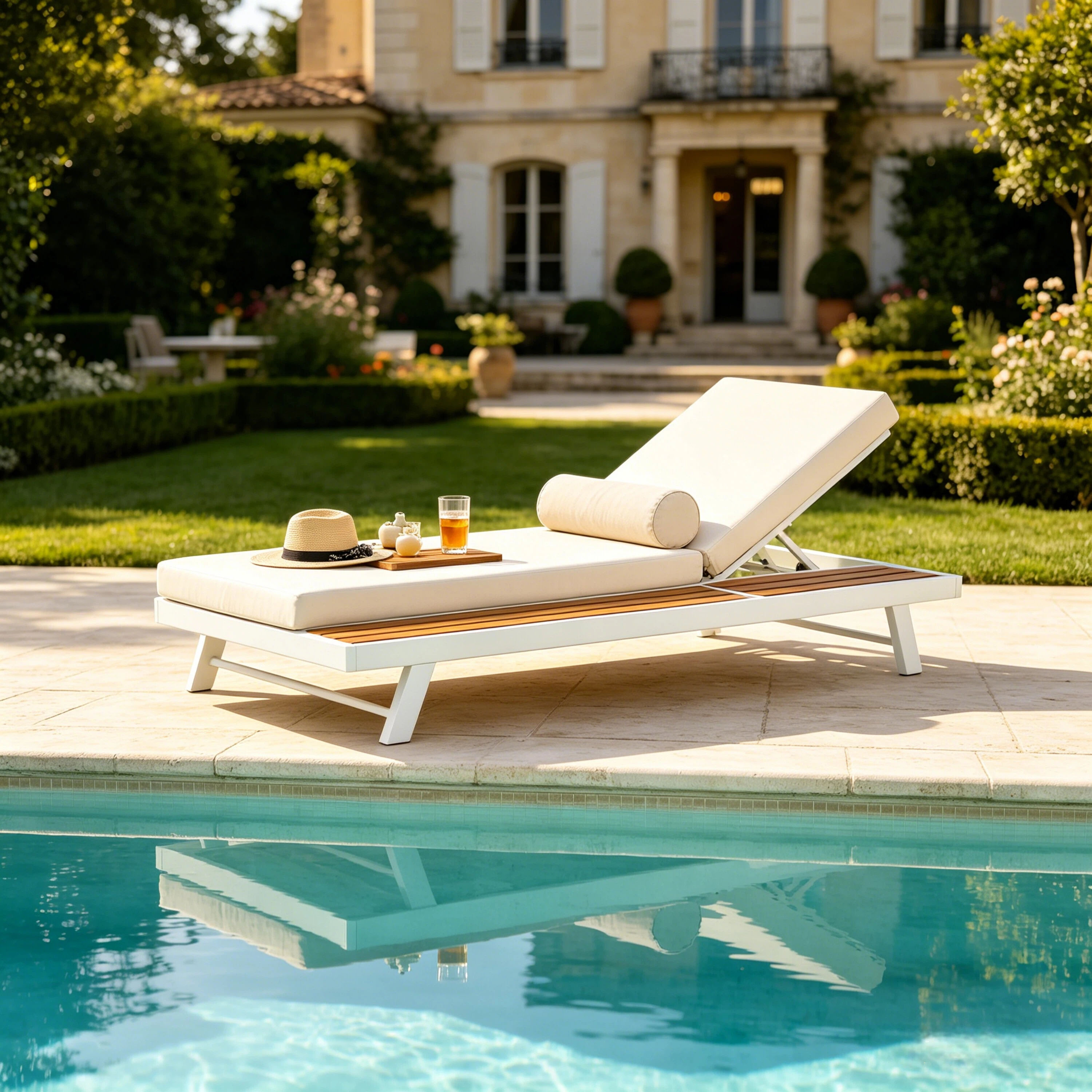 Ama Pear White Iron Outdoor Reclining Chaise Lounge Chair with Cushion