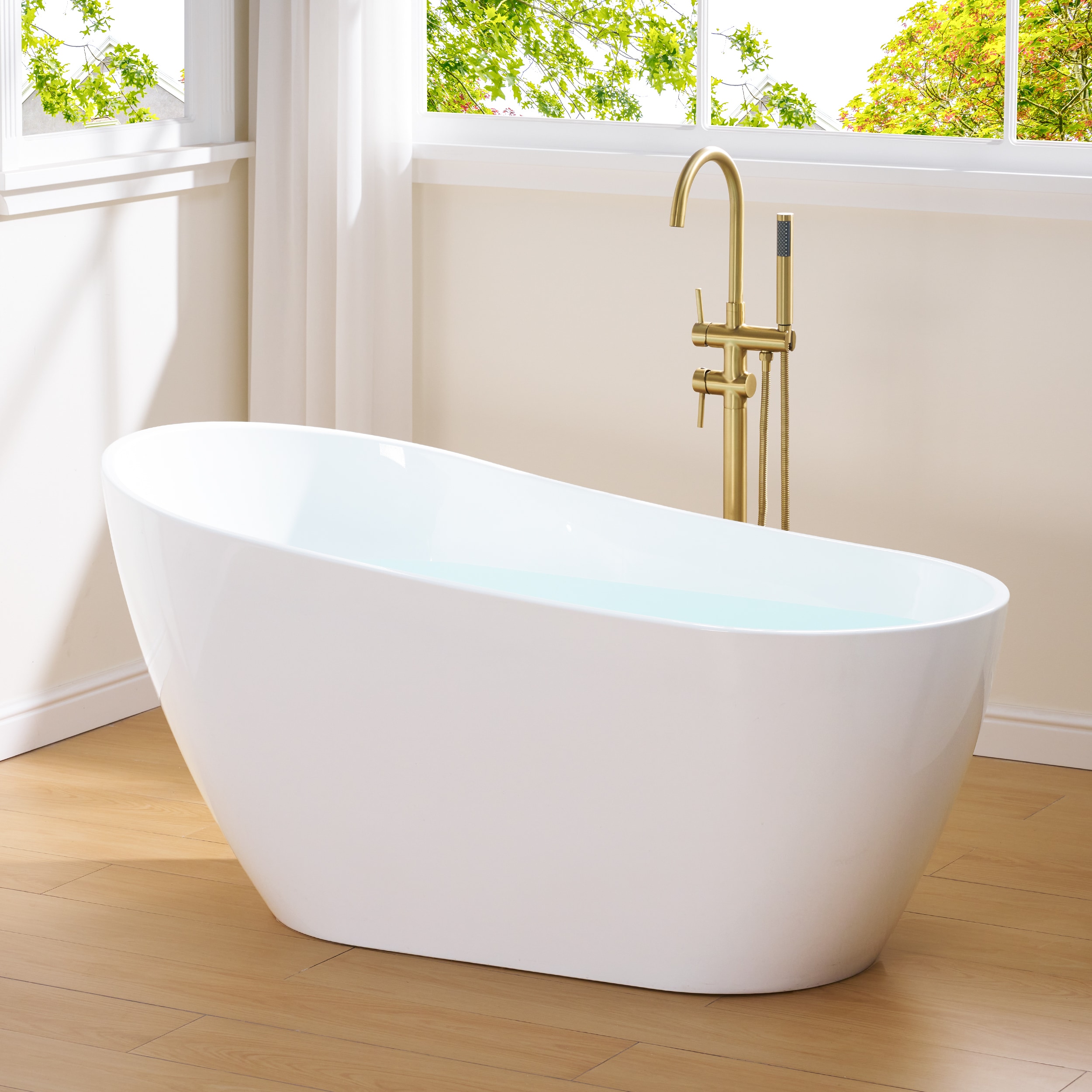 WELLFOR TO-ED-BV30GYBK Comfy Acrylic Freestanding Soaking Bathtub 59.1-in x 31-in White Acrylic Oval Freestanding Soaking Bathtub with Drain ( Right Drain )