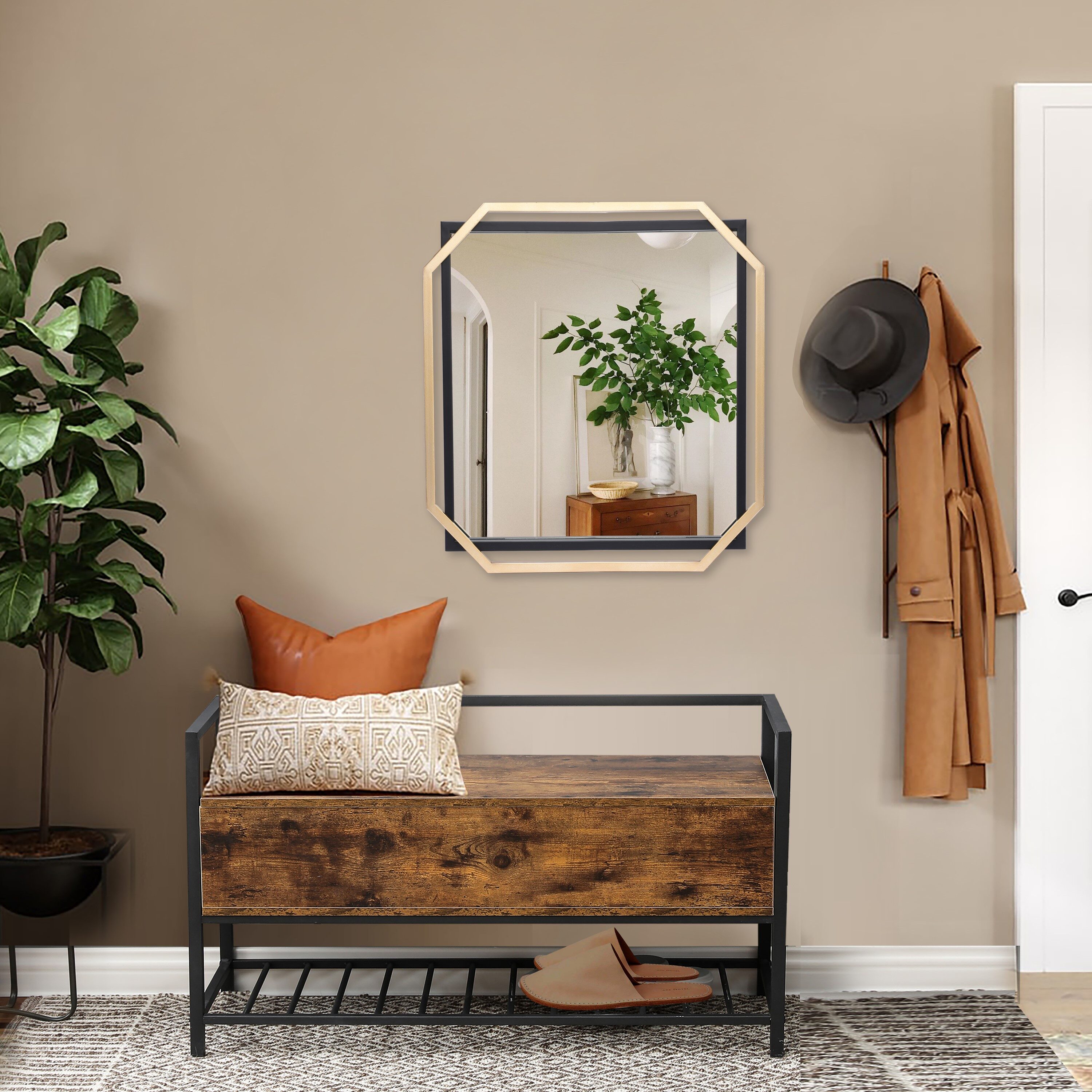Square Gold and Black Metal Floating Frame Wall Mirror