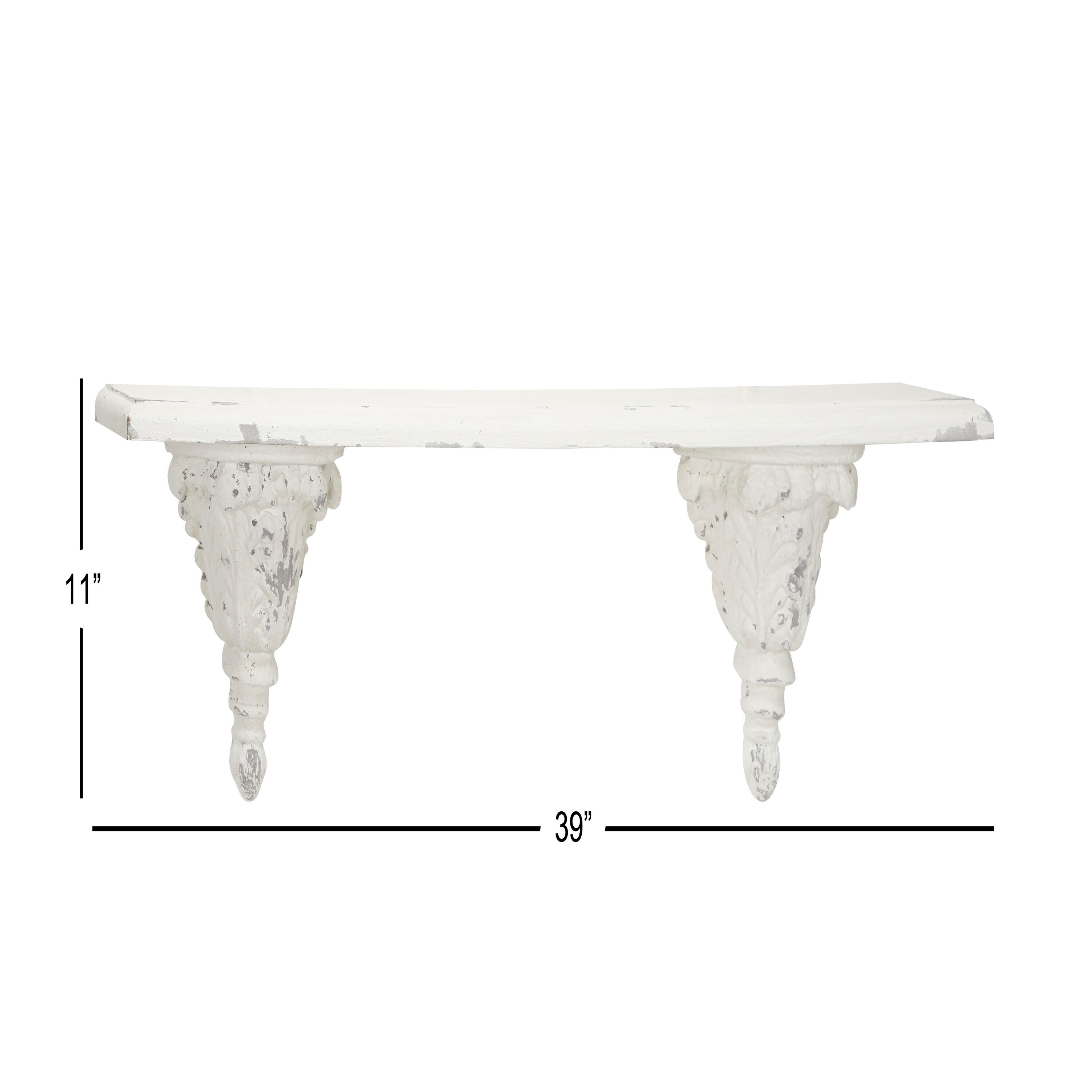 39" White Wood Floating Wall Shelf with Decorative Carvings