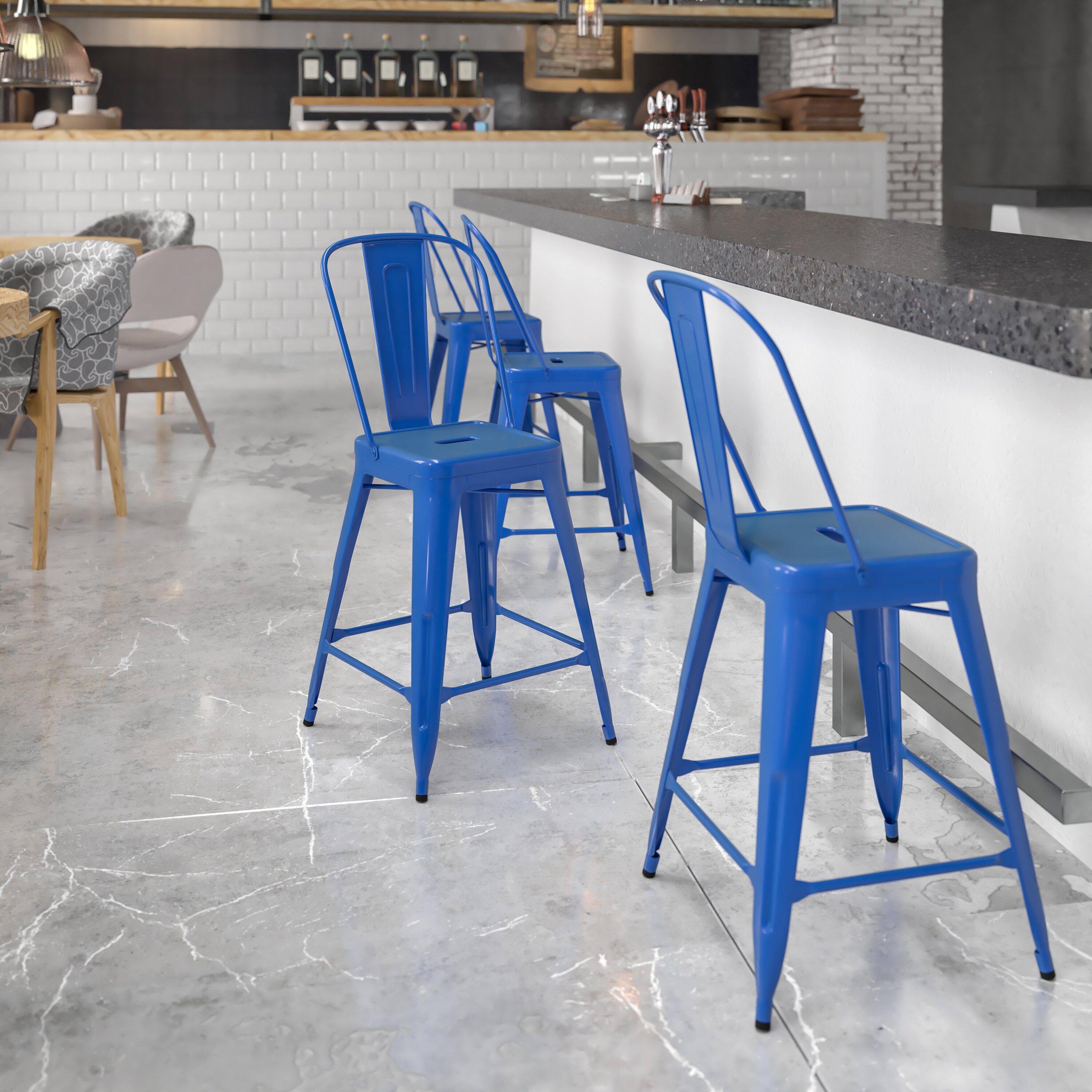 Blue metal counter discount stools