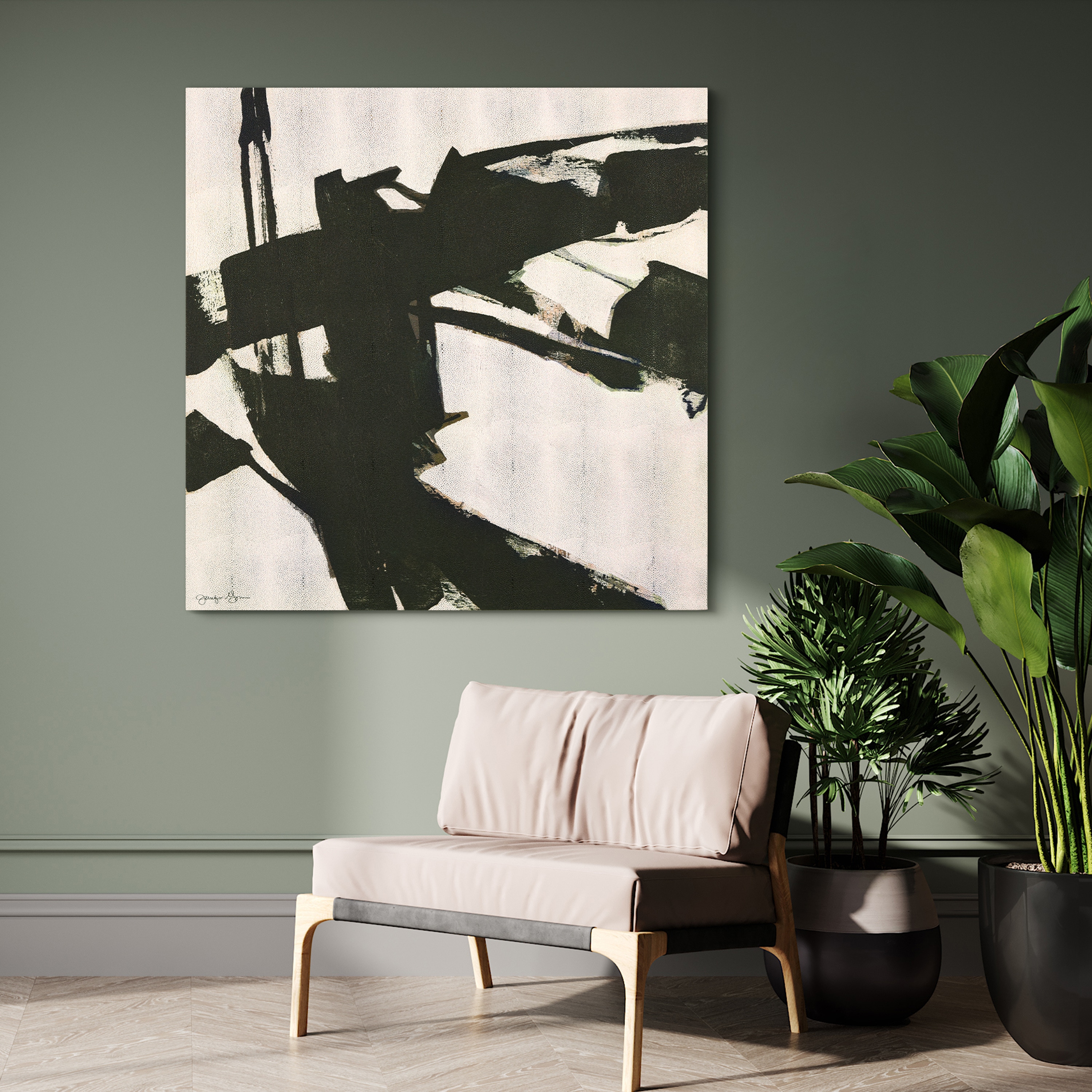 Bold Abstraction Black and White Art on Gold Shagreen Canvas