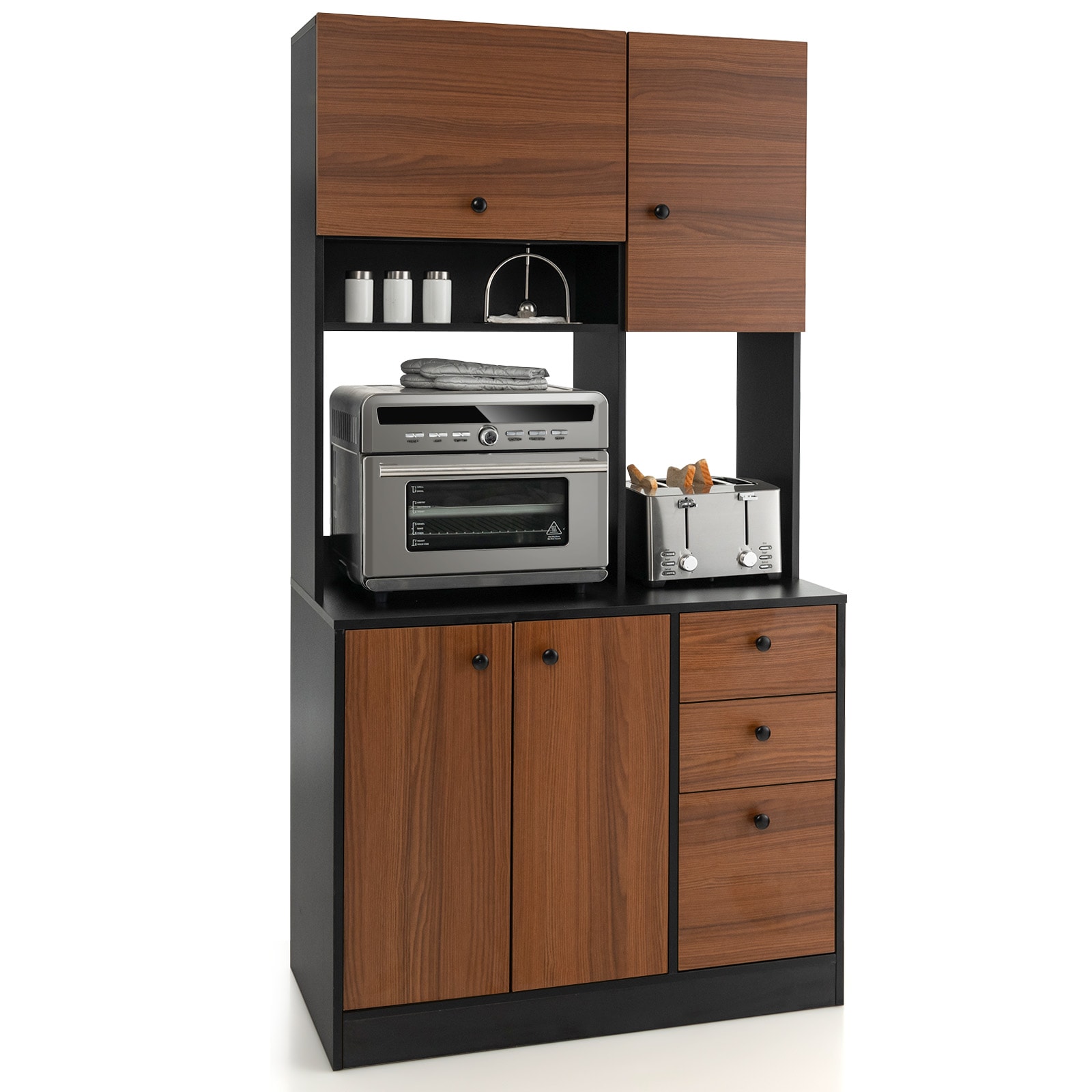 Slickblue D-CO-+KD71101ZJ Kitchen Pantry Cabinet - Modern Walnut/White/Black Engineered Wood and MDF Metal Storage Cabinet 3 Cabinets 3 Drawers and 1 Open Compartment – Adjustable Shelves Anti-Tip for Kitchen/Dining/Living Room