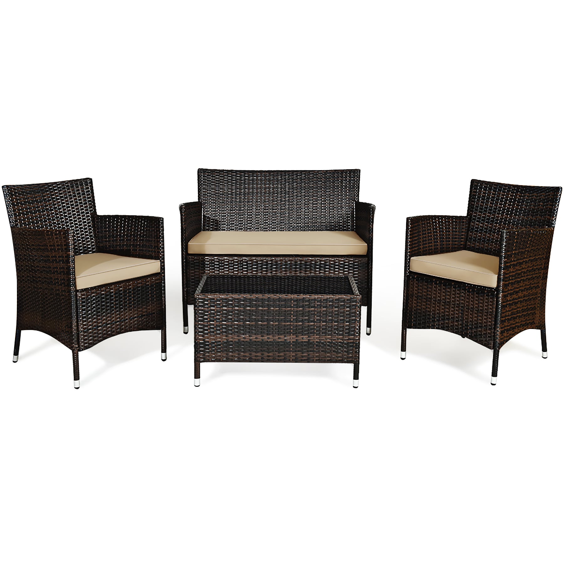 Costway HW63214 4 -Piece Rattan 2 Patio Sofa Conversation Set with Off-white Cushions