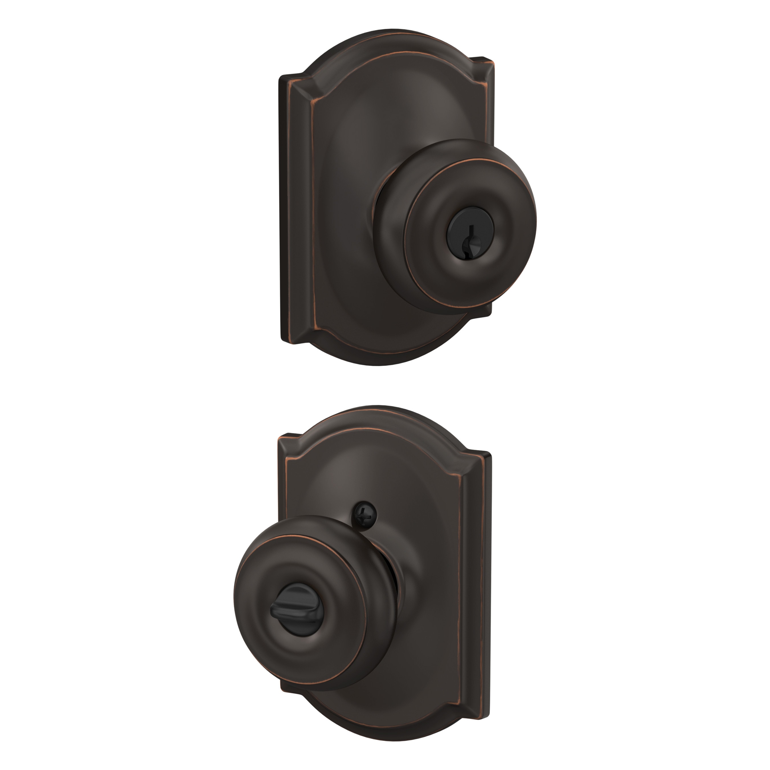 Schlage F51A GEO 716 CAM G Customizable Keying Georgian-Camelot Aged Bronze Traditional Exterior Keyed entry door knob Single pack