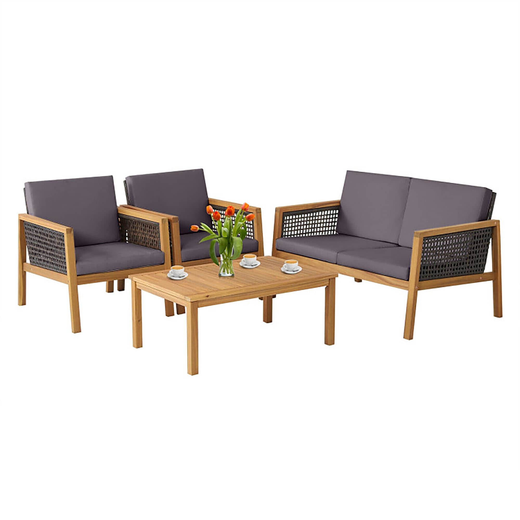 CASAINC CN-WFQ03-GY Outdoor Furniture Sets 4 -Piece Rattan Patio Conversation Set with Gray Cushions