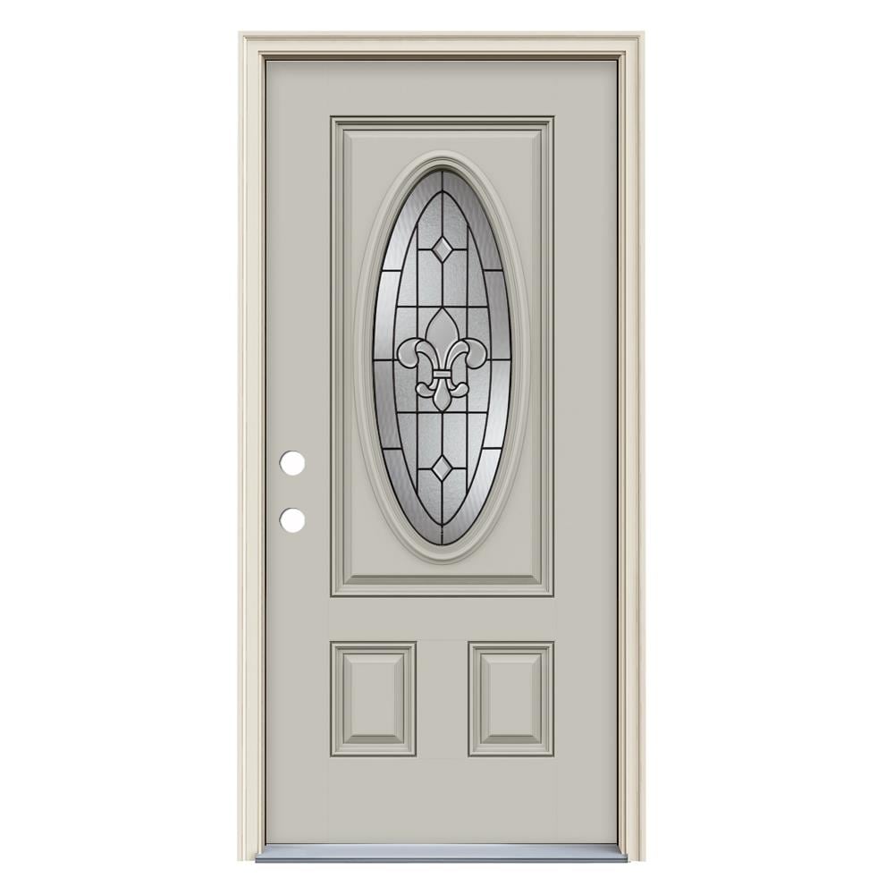 JELD-WEN LOWOLJW231200031 Nola 36-in x 80-in x 4-9/16-in Fiberglass Oval lite Right-hand inswing Ash Painted Prehung Front Door with Brickmould Insulating core