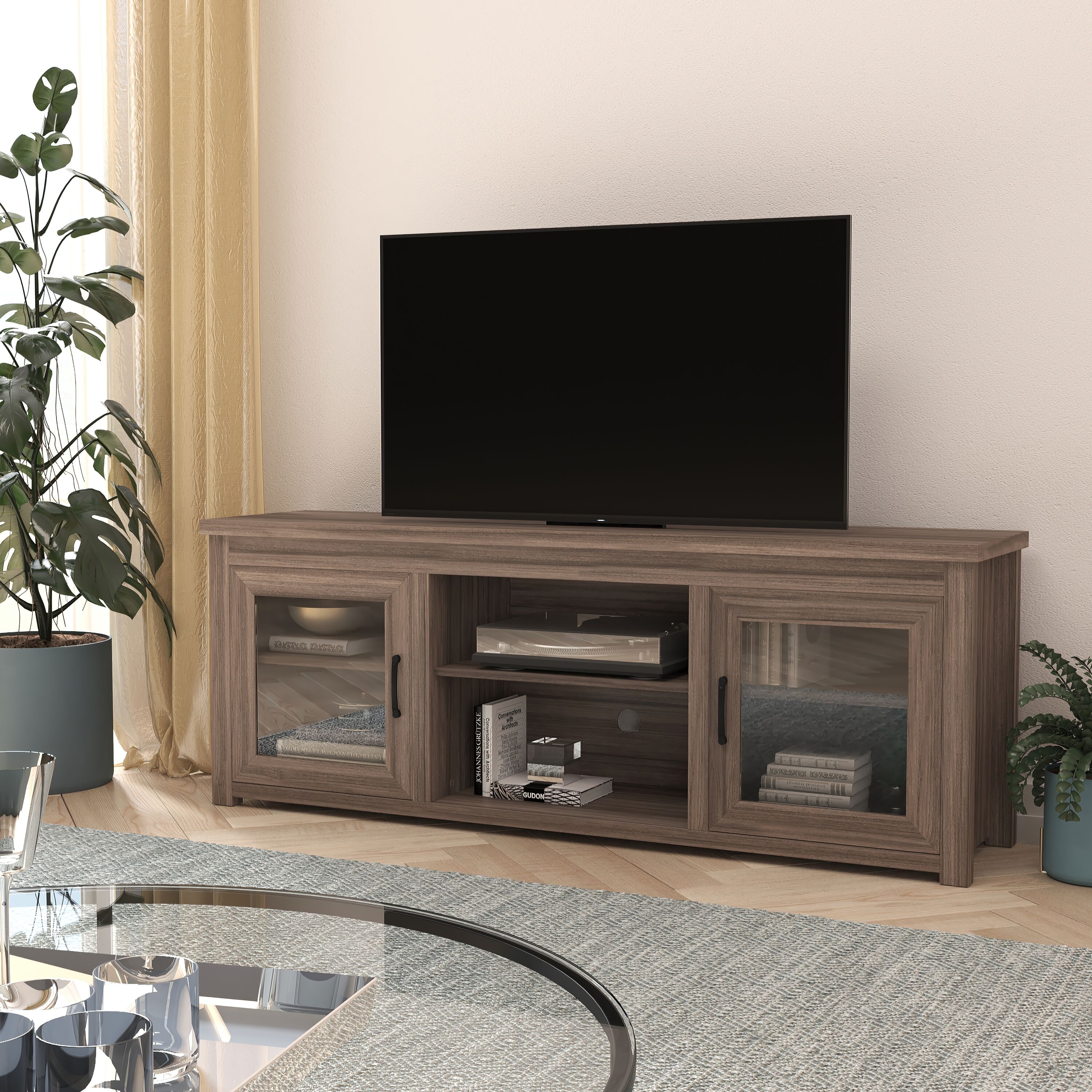 Merrick Lane Galena Traditional Full Glass Door 65-in TV Stand for up to 80-in TVs; Black Wash Finish #889142975038