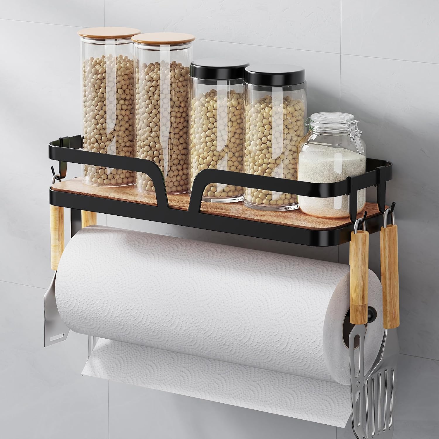 Atensils  Wall Mount Paper Towel Holder with Storage Shelf and 4 Hooks Adhesive or Drill Stainless Steel Kitchen Tissue Dispenser and Spice Rack in Black