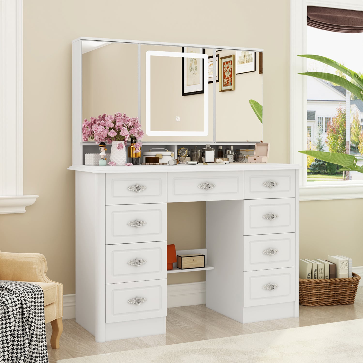 FUFU&GAGA 4-Drawers White Wood Makeup Vanity Sets Dressing Table Sets with  Stool, Mirror, LED Light, Door and Storage Shelves TC-WFKF210096-01 - The  Home Depot