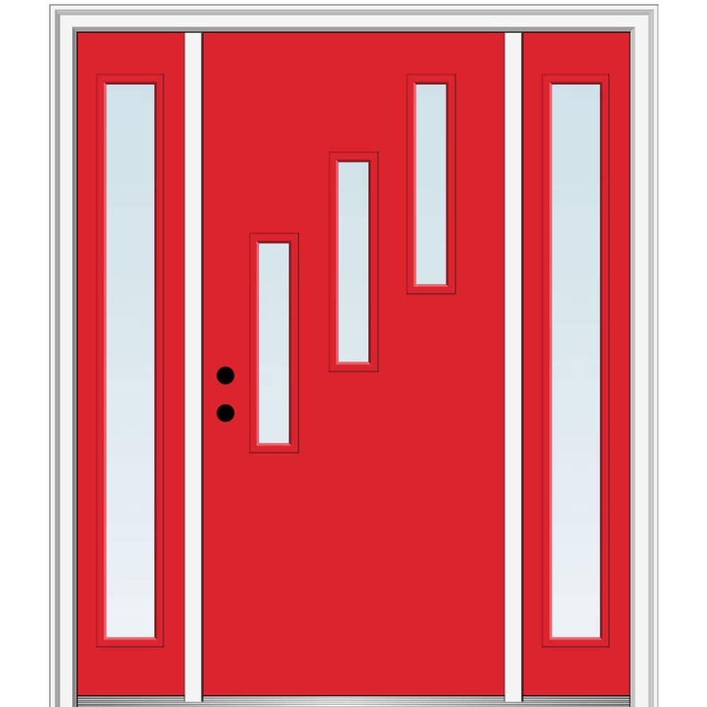MMI DOOR ZZ346615R Spotlights 64-in x 80-in x 4-9/16-in Fiberglass Pulse lite Right-hand inswing Red Saffron Painted Prehung Front Door with Sidelights with Brickmould Insulating core