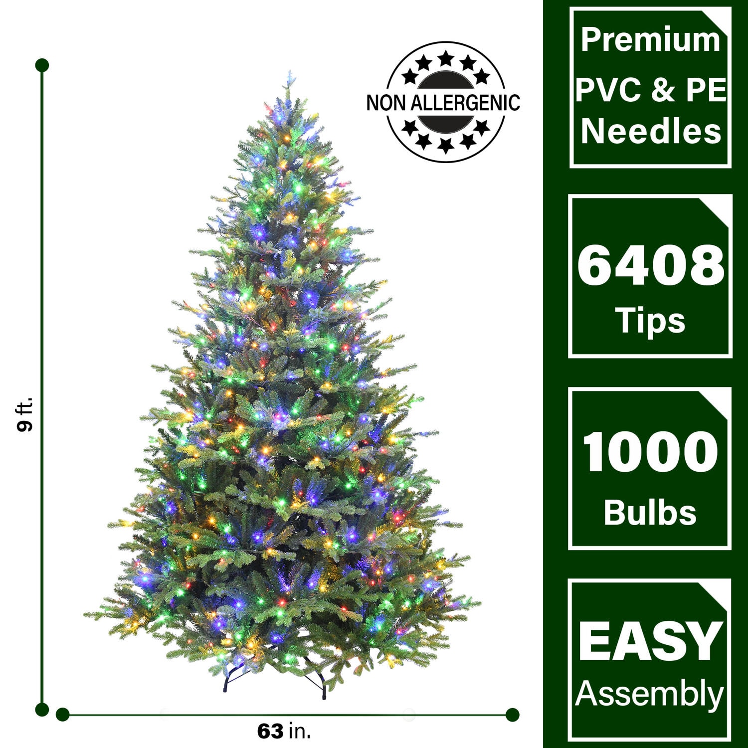 9-Ft Green Oregon Pine Christmas Tree with Multicolor LED Lights