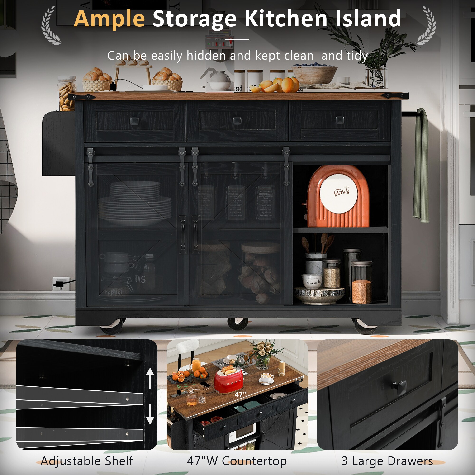 BABOOM Black Mdf Base with Wood Top Rolling Kitchen Island (29.5-in x 46-in x 37-in)