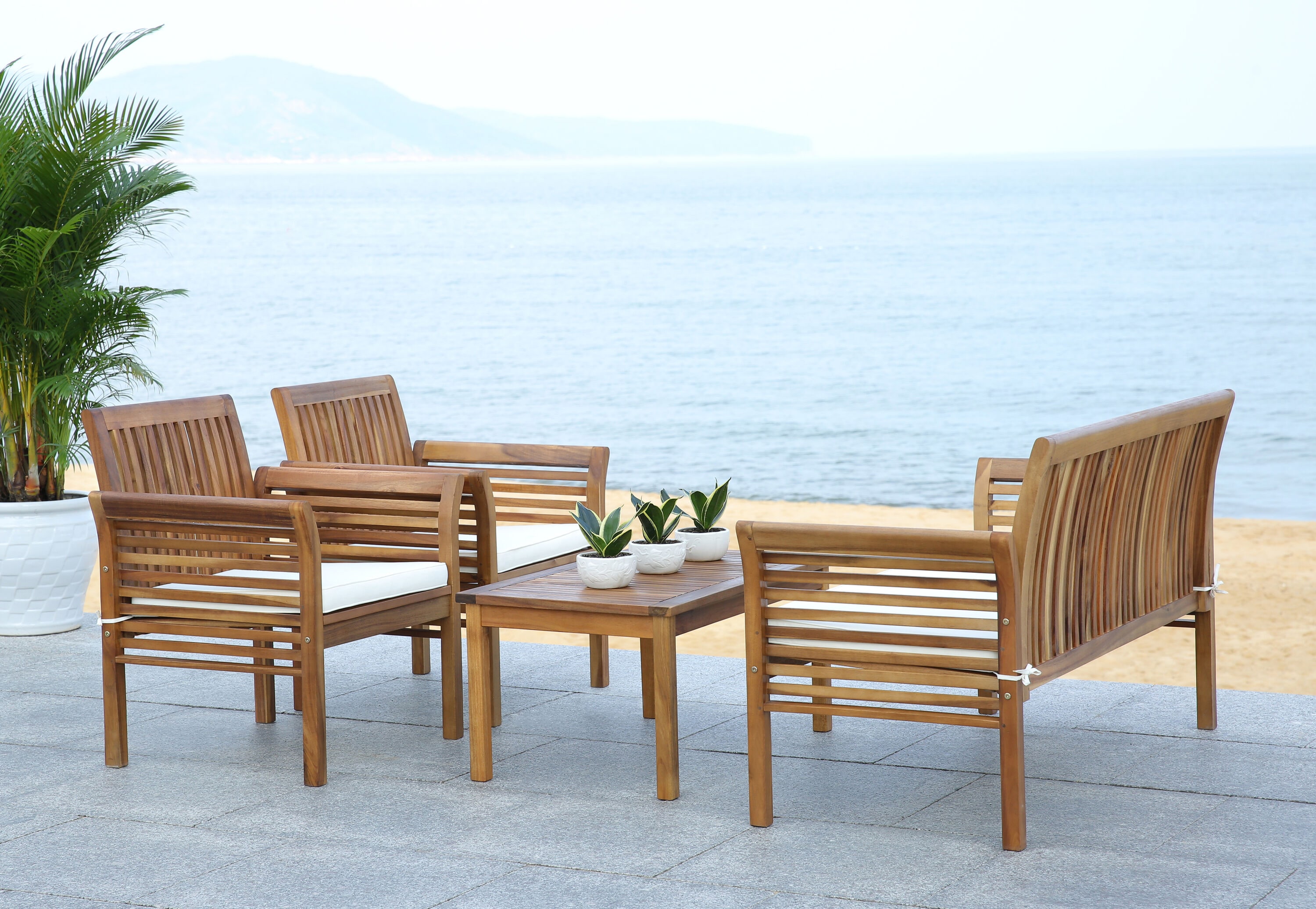 Transitional Acacia Wood 4-Person Outdoor Patio Set in Natural Beige