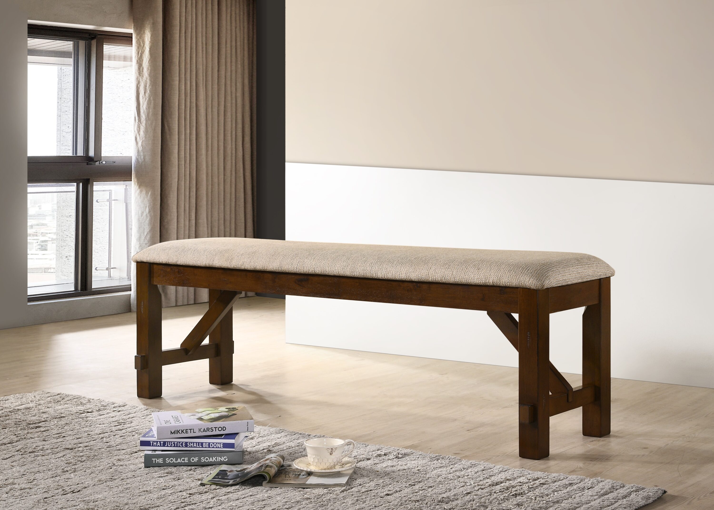GDFStudio - Solid Wood Dining Bench in Brown Hazelnut Finish Bench with Polyester Upholstery for ...