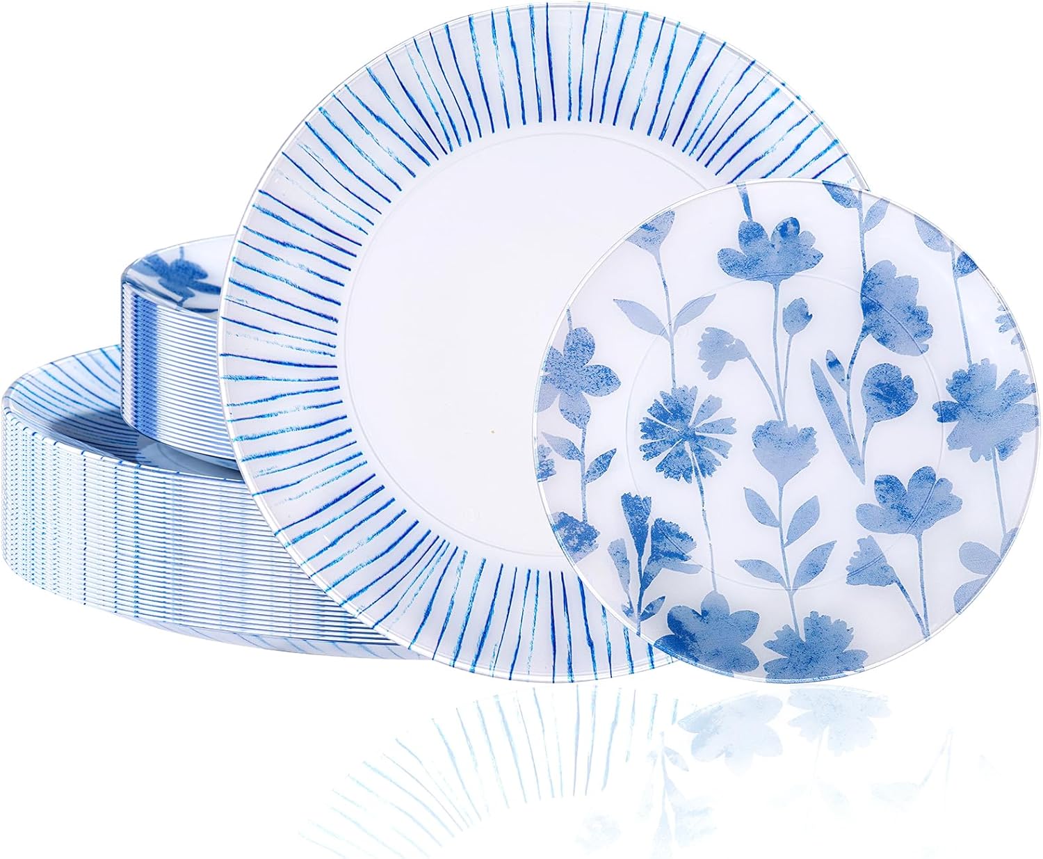 Wellife WELLFE 50Pcs Blue Plastic Plates Botanical Stripes Plates Disposable Heavy Duty Fancy Floral Pattern Perfect for Weddings Tea Parties Holidays 10.25 Inch Dinner 7.5 Inch Dessert Plastic Plate