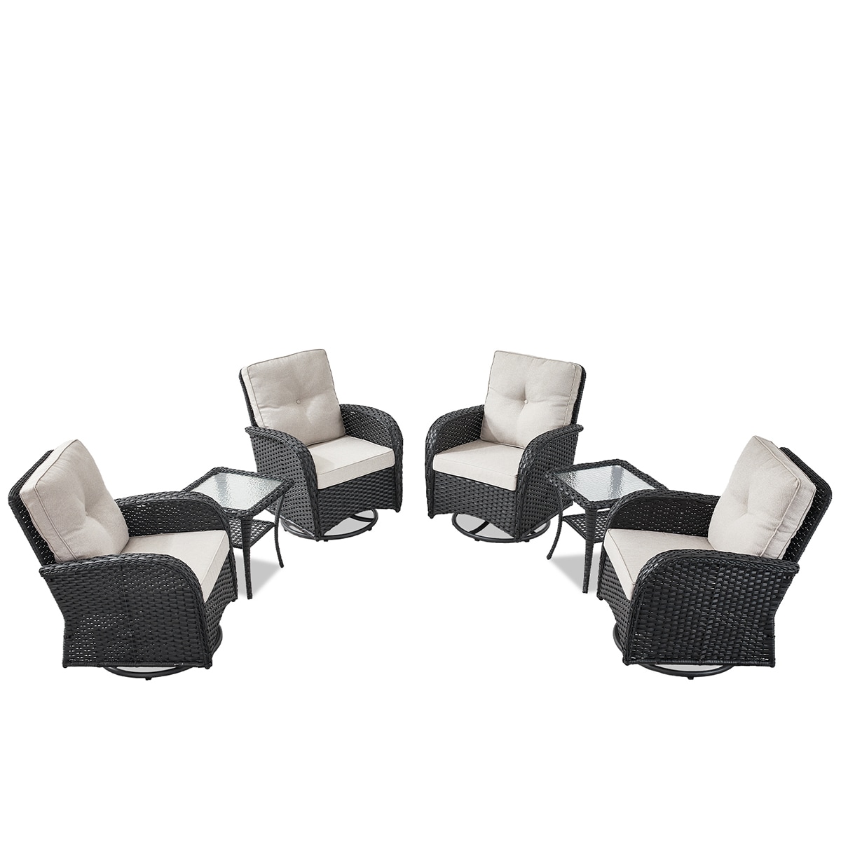 Rilyson FSKWBL2060X2 KEY WEST Set of 4 Wicker Black Wicker Frame Swivel glider Conversation Chair with Black Beige Cushioned Seat