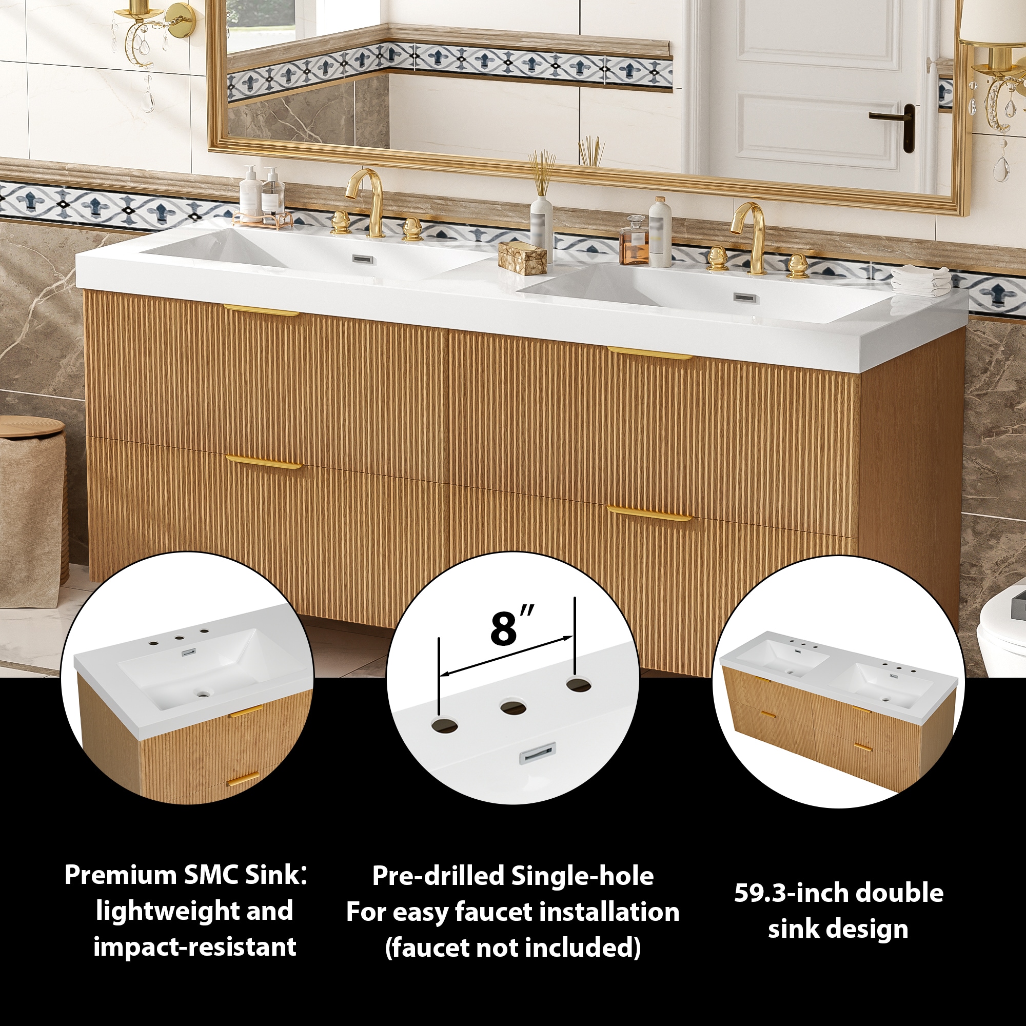Huluwat Double Sink Bathroom Vanity with SMC Top Painted MDF Cabinet ...