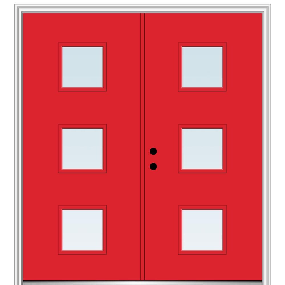 MMI DOOR ZZ346103R Spotlights 60-in x 80-in x 4-9/16-in Fiberglass Pulse lite Right-hand inswing Red Saffron Painted Prehung Double Front Door with Brickmould Insulating core