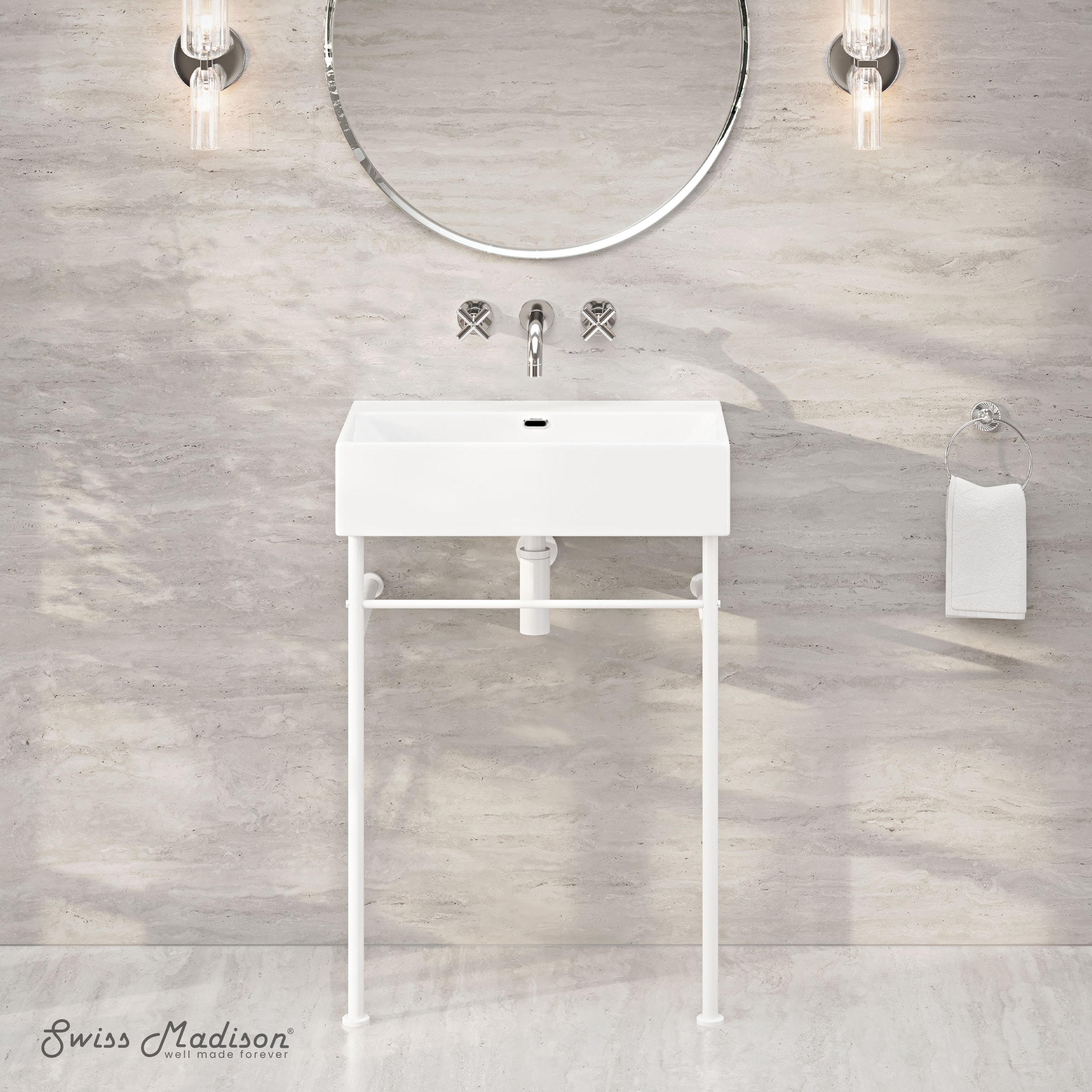 Swiss Madison SM-25-CSREI01MW-0 Reims Ceramic 24-in Wall-mount Modern Matte White Console Sink with Base