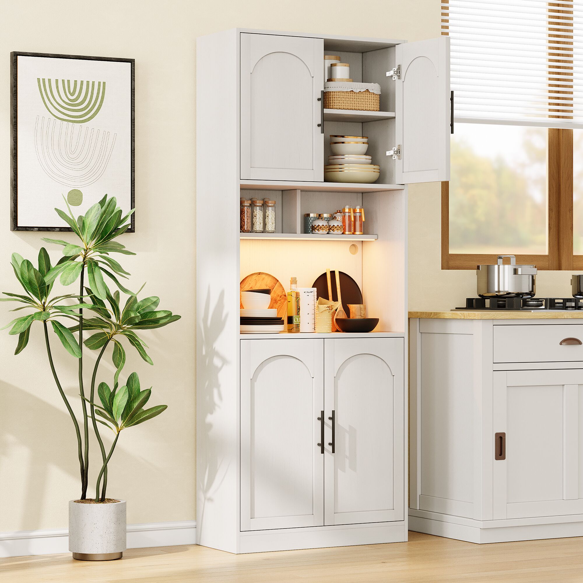 IdealHouse 70.9 Inch Tall White Pantry Cabinet with LED Light Freestanding Kitchen Hutch with Microwave Shelf Adjustable Doors Shelves Multi Room Storage Organizer Cupboard for Dining Living Bathroom White