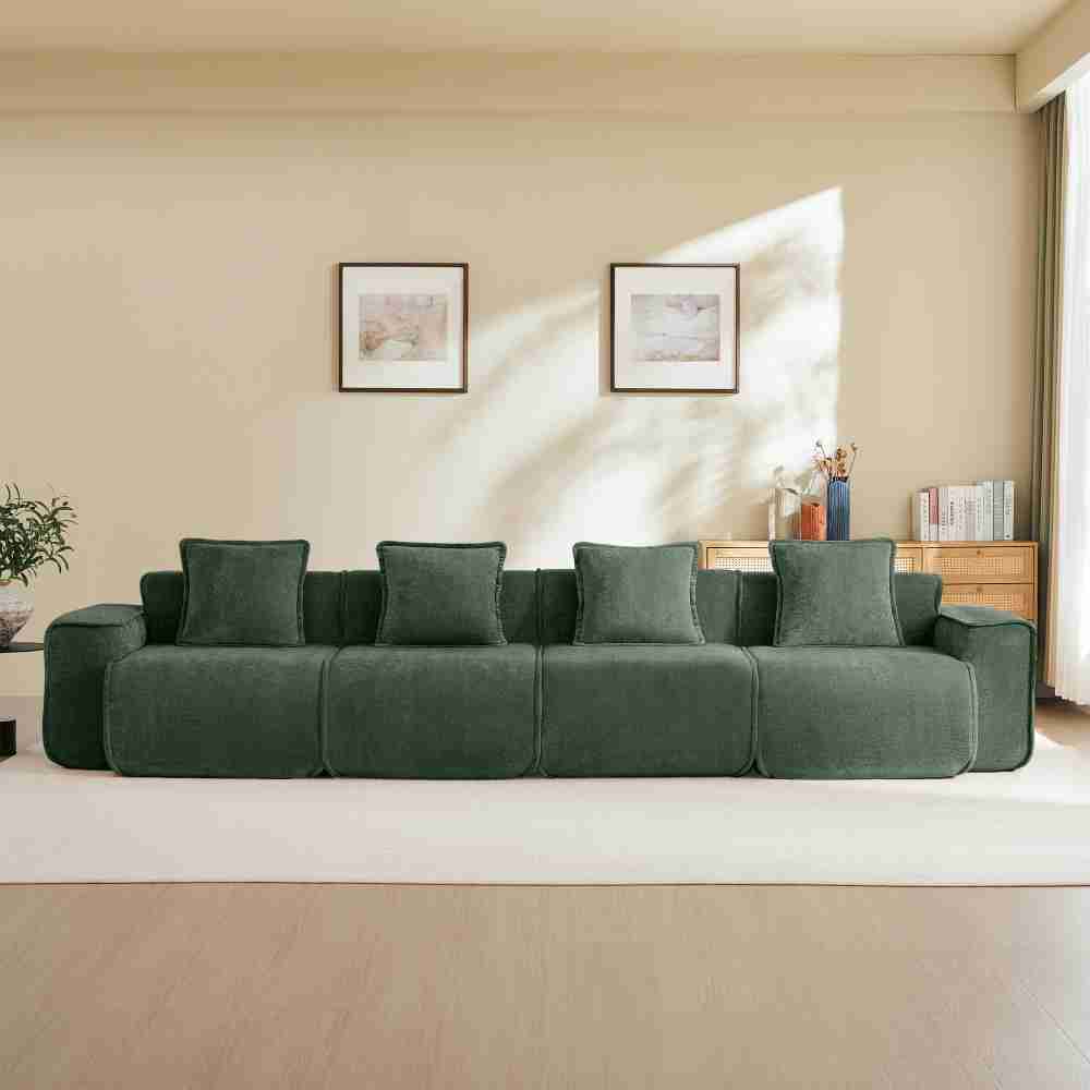 Coolbibila Streamlined 139-inch 4 Seater Modular Boneless Sofa Green Velvet Fabric Sofa with Pillows one_size | ARMAN-SOFA-GREEN
