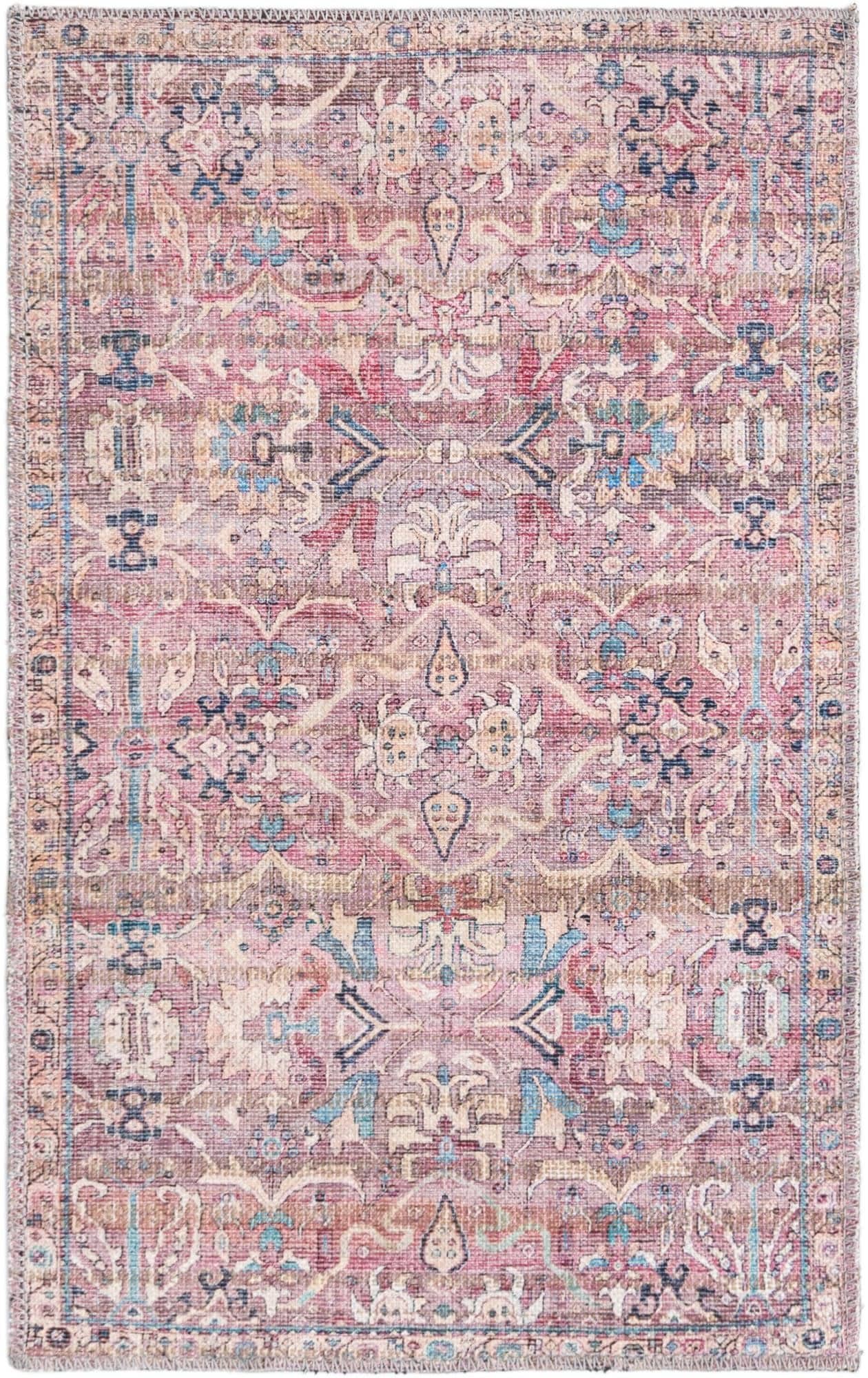 Nostalgia Blue and Pink Synthetic Washable Rectangular Area Rug