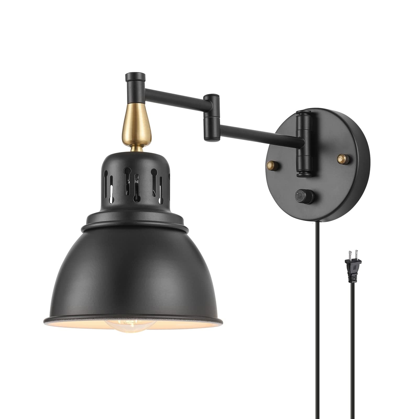 Etokfoks  1 Light Brushed Brass Black Plug In or Hardwired Wall Lamp with Metal Shade and 72 in Cord E26 Base 1 Pack