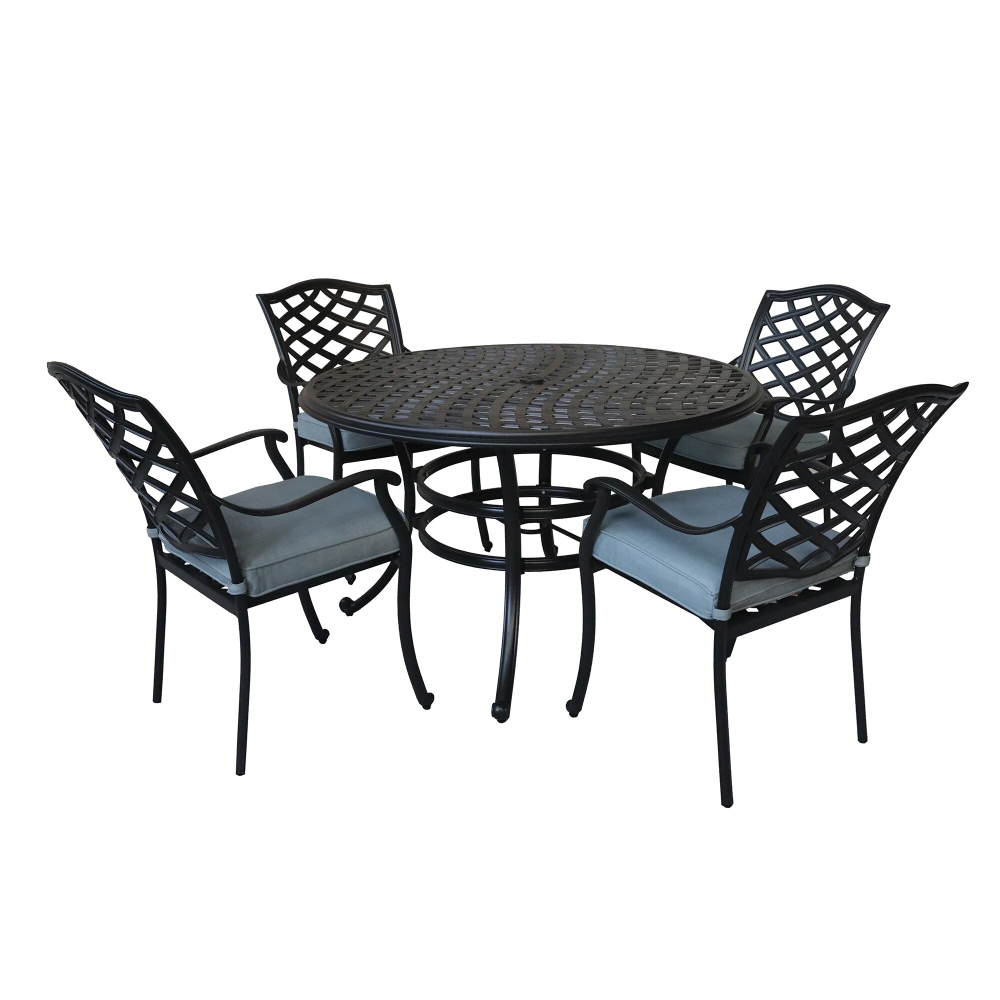 Aluminum 5-Piece Black Patio Dining Set Aluminum Round Table with 4 Blue Cushions Stackable Stationary Chairs Polyester | - Mondawe MO1025RD-A