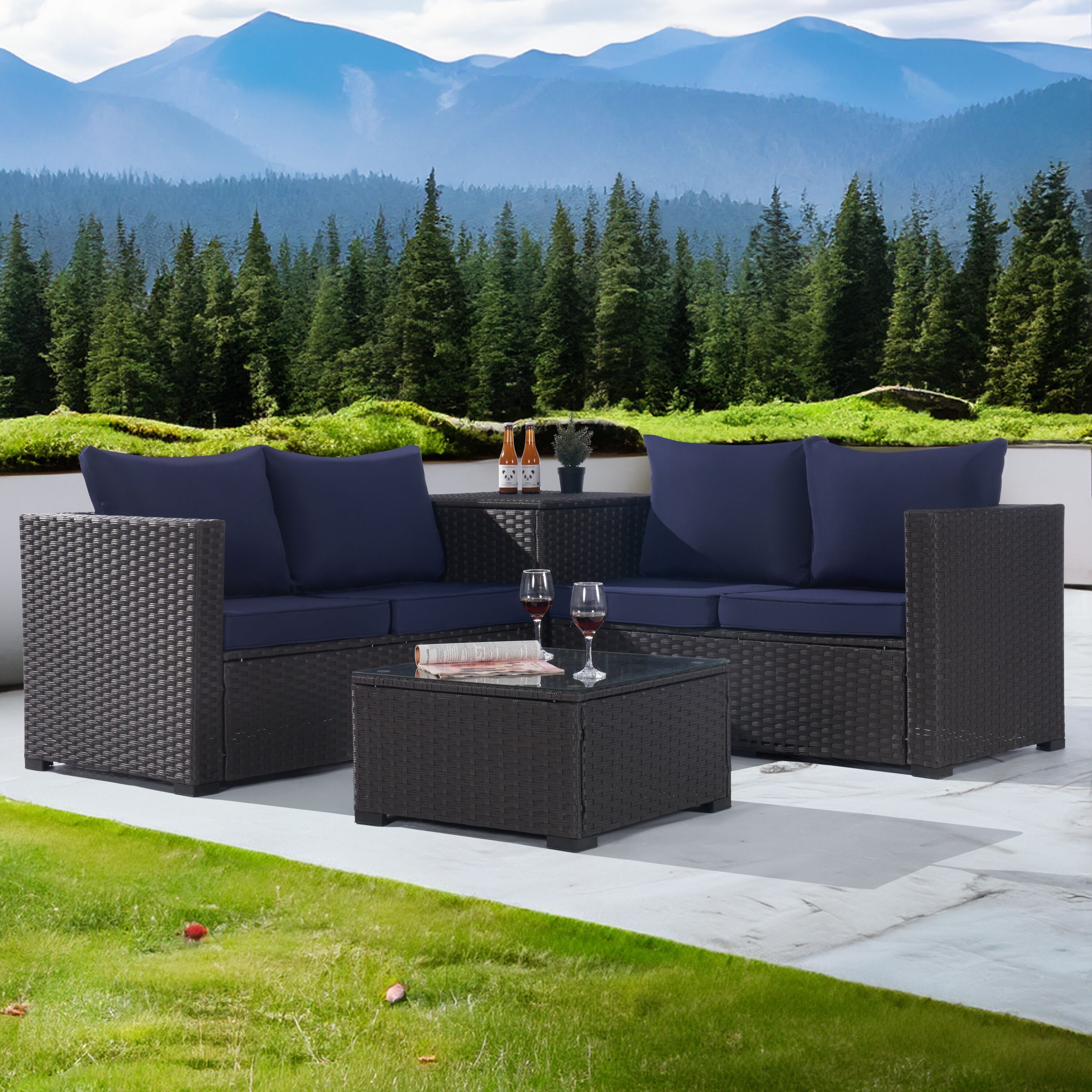 SANSTAR L-WS-C1-BU 4 -Piece Rattan Patio Conversation Set with Blue Cushions